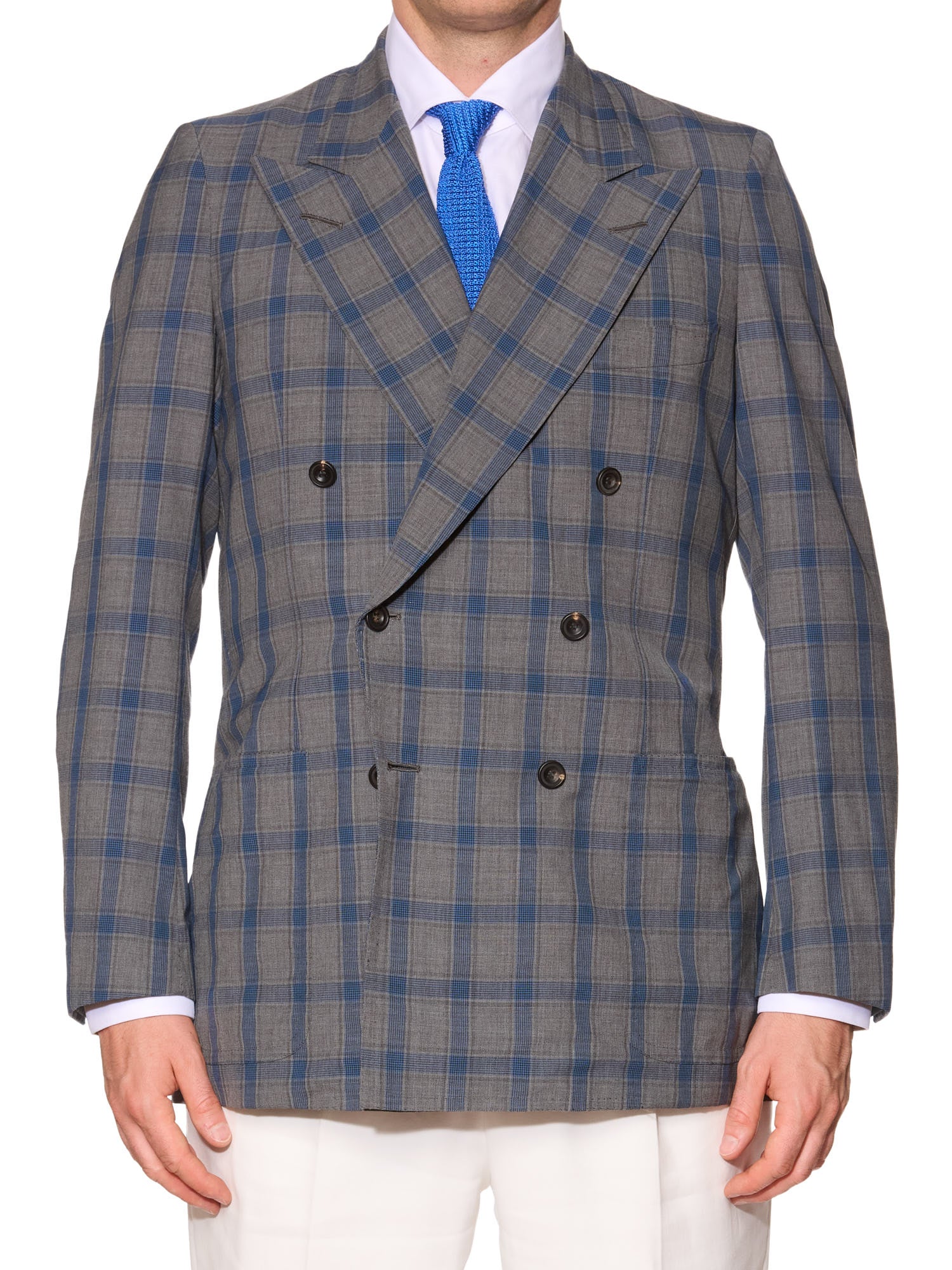 RUBINACCI LH Handmade Bespoke Gray Plaid Wool-Silk-Linen DB Jacket EU 50 US 40