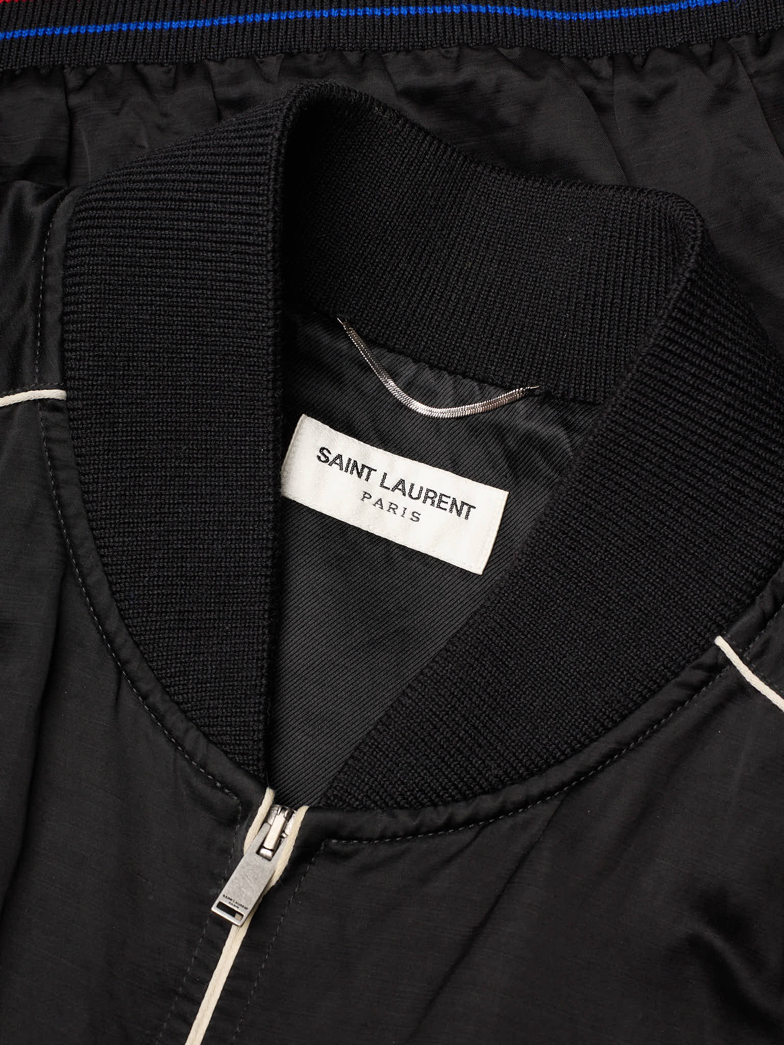 SAINT LAURENT Paris Black Tricolor YSL Logo Teddy Bomber Jacket