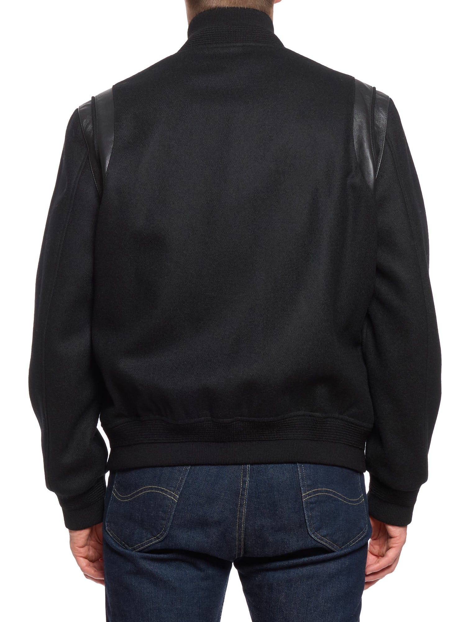 SAINT LAURENT Paris Black Wool Bomber Jacket with Leather Details