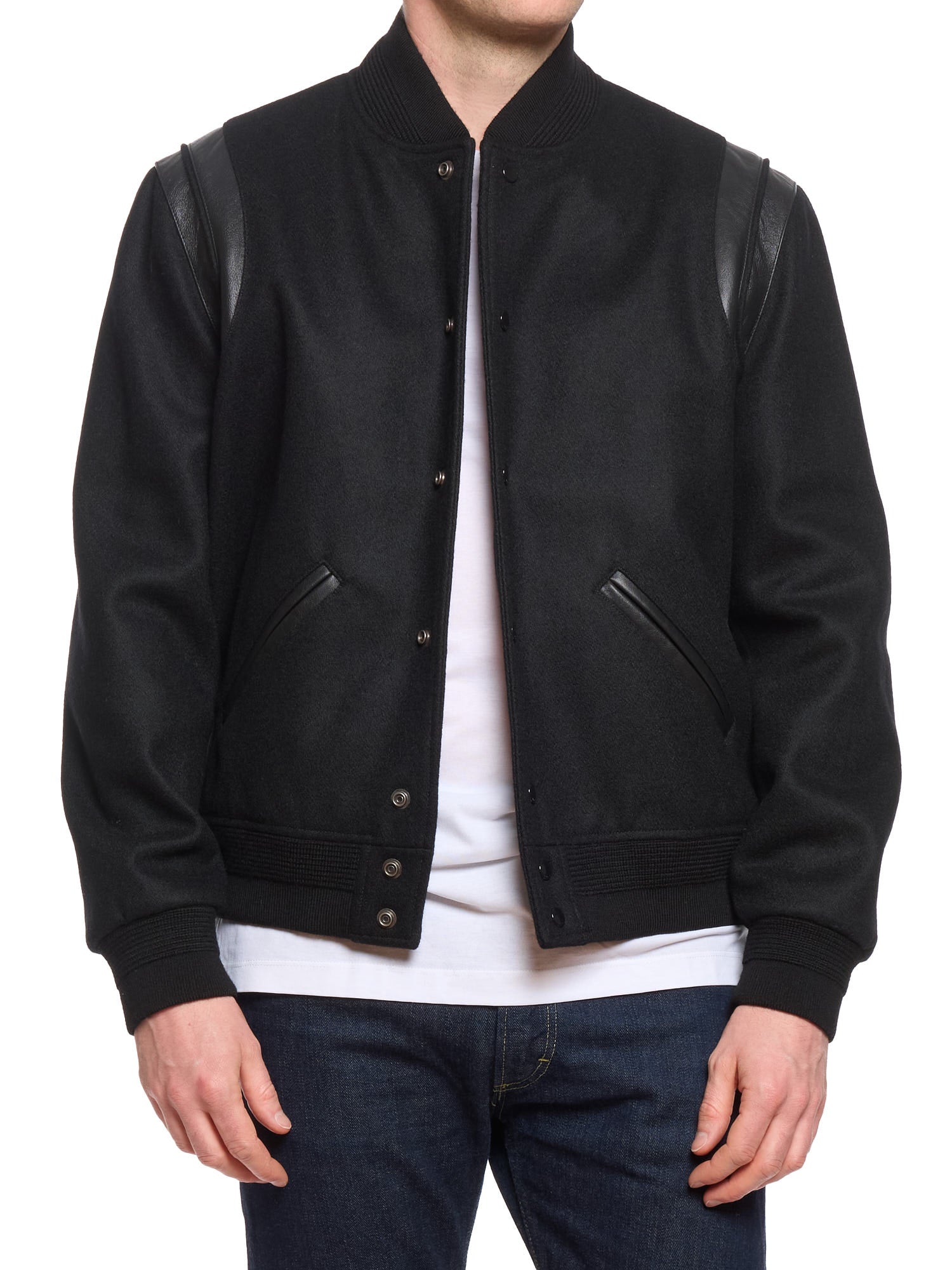 SAINT LAURENT Paris Black Wool Bomber Jacket with Leather Details