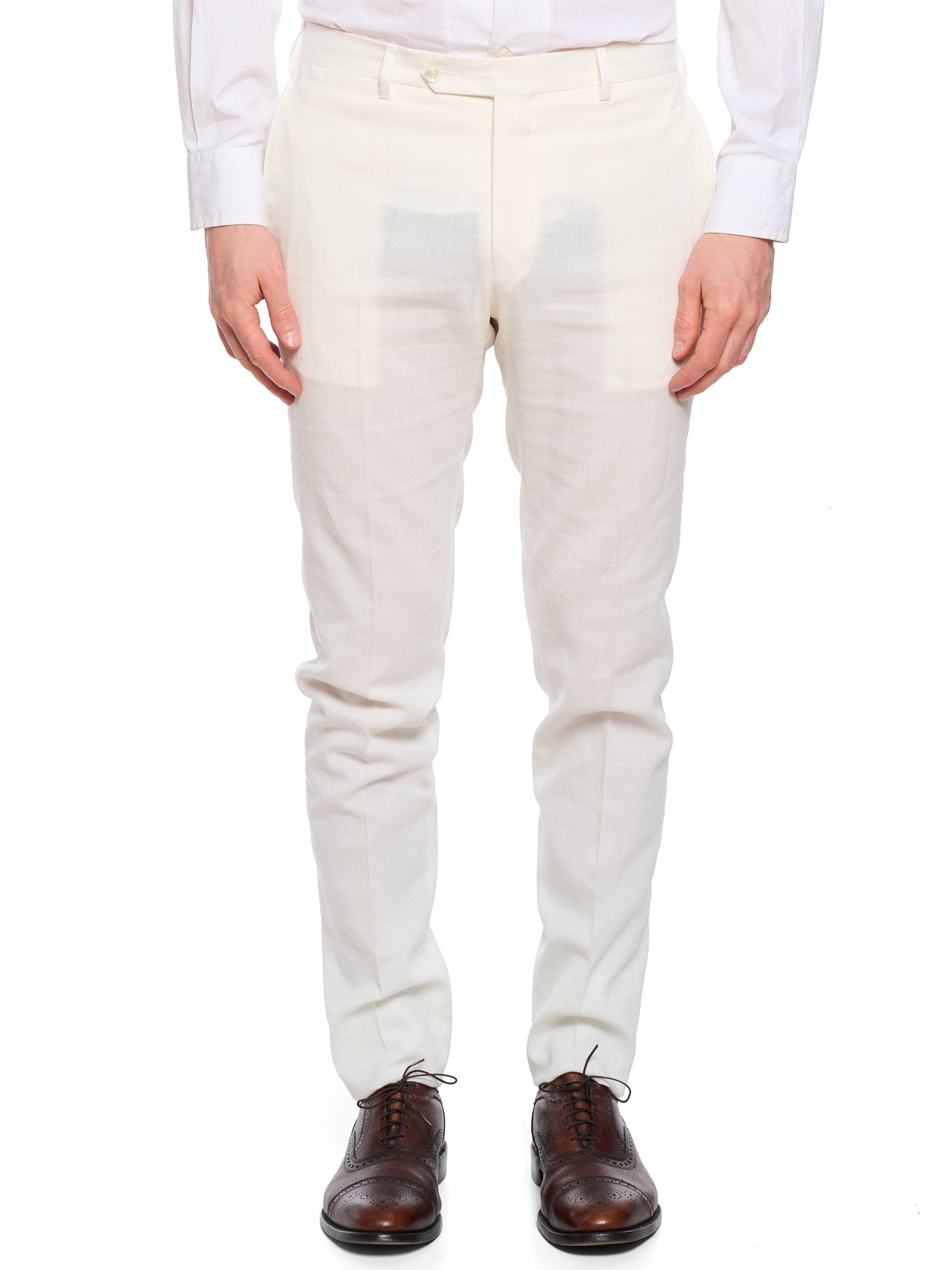 SARTORIA PARTENOPEA “Napoli6” White Linen-Blend Unlined DB Slim Suit Stretch