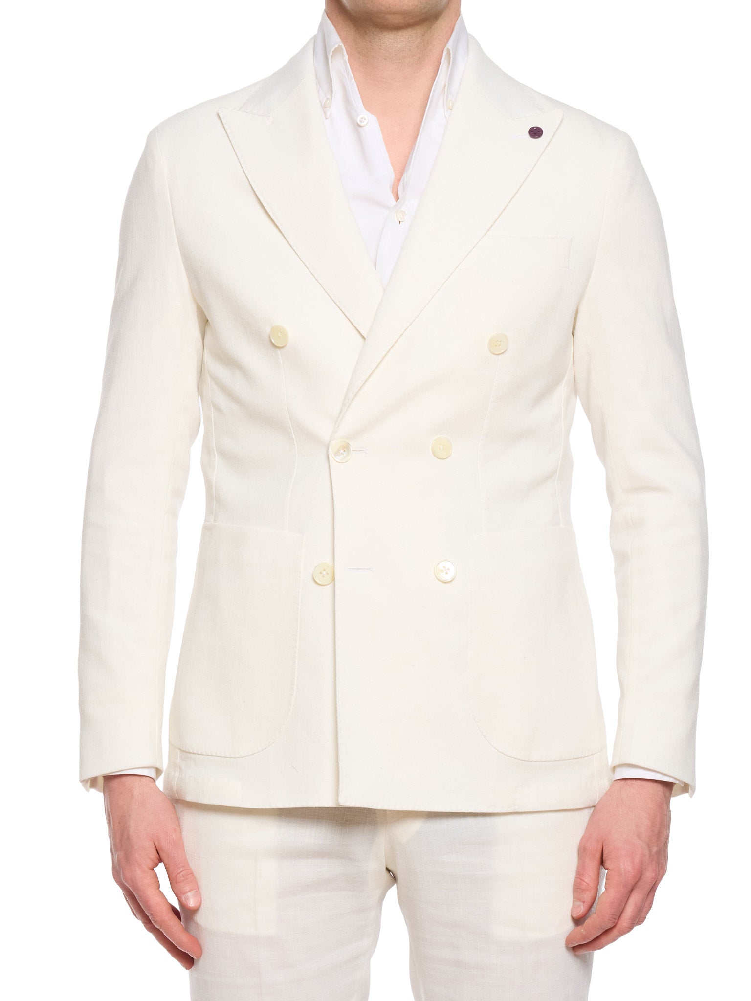 SARTORIA PARTENOPEA “Napoli6” White Linen-Blend Unlined DB Slim Suit Stretch