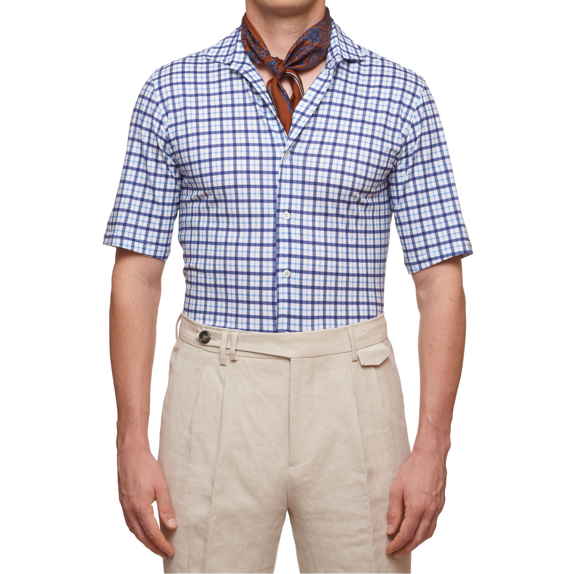 SARTORIO Napoli by KITON Blue-White Plaid Cotton Short Sleeve Casual Shirt NEW SARTORIO