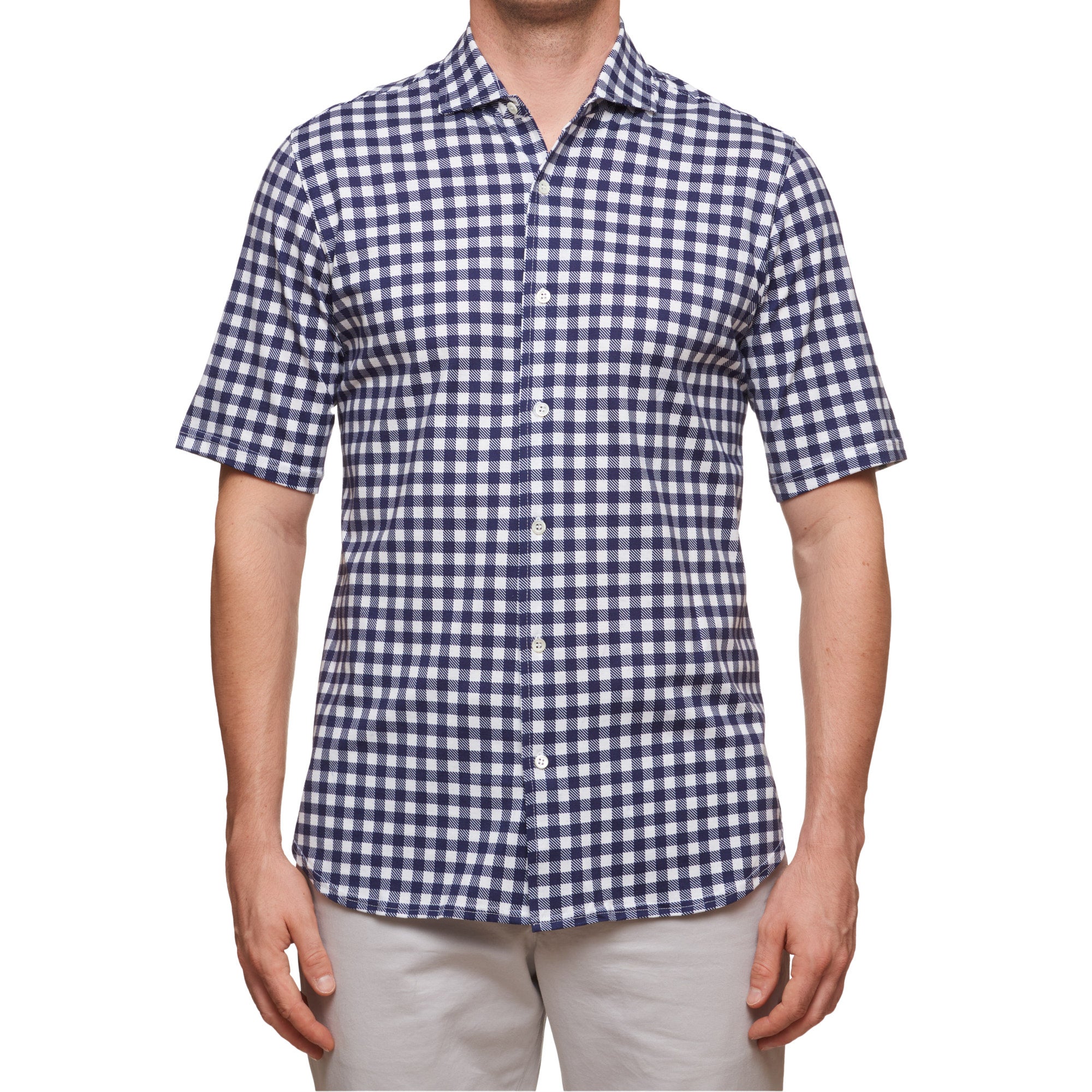 SARTORIO Napoli by KITON Blue Gingham Plaid Cotton Short Sleeve Casual Shirt NEW SARTORIO