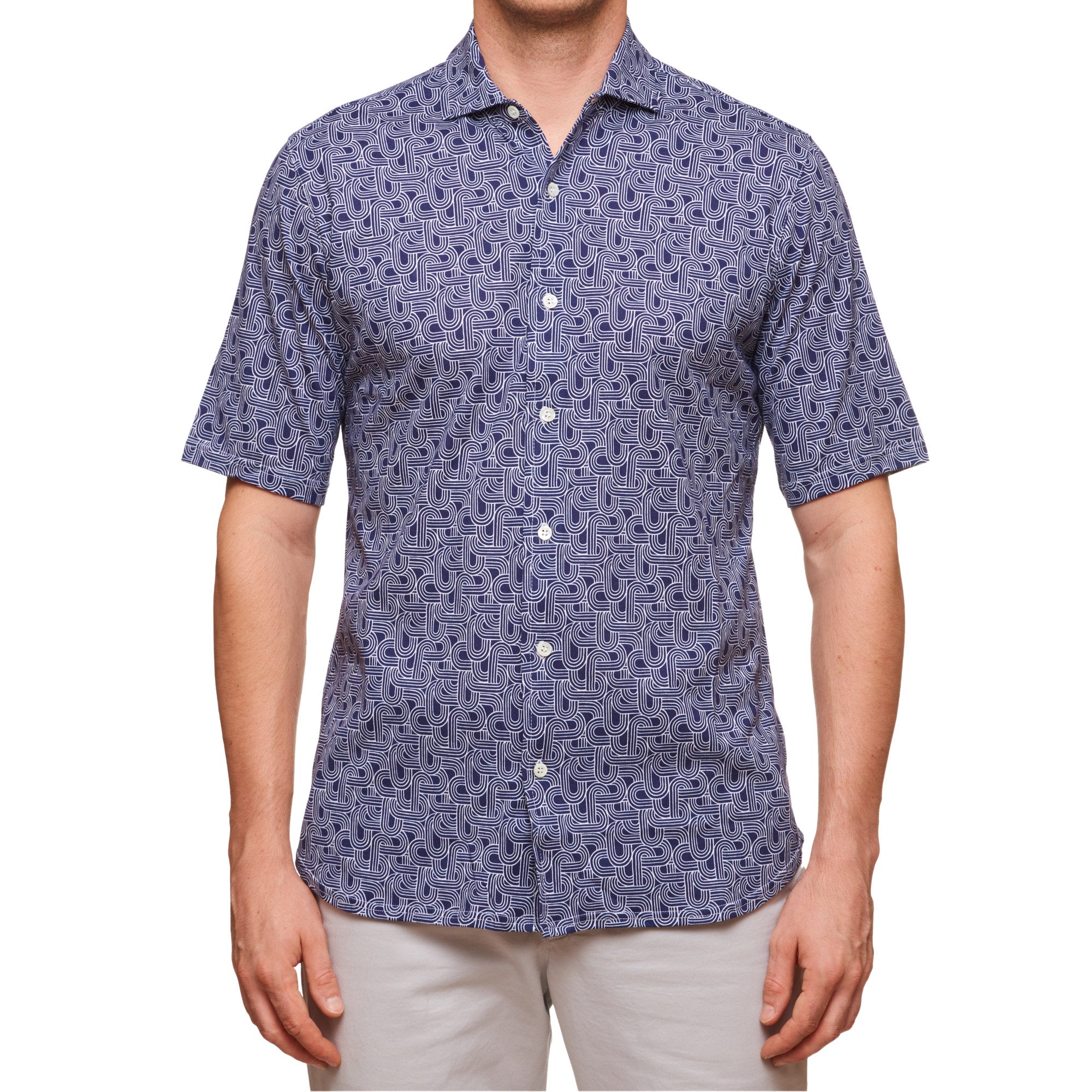 SARTORIO Napoli by KITON Navy Blue Geometric Cotton Short Sleeve Casual Shirt NEW SARTORIO