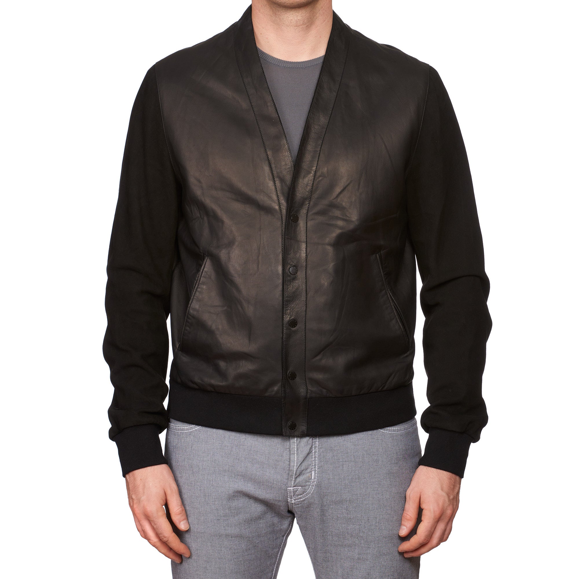 SERAPHIN Black Lamb Nappa & Suede Leather Unlined Cardigan Jacket Blouson FR 52 US L NEW SERAPHIN