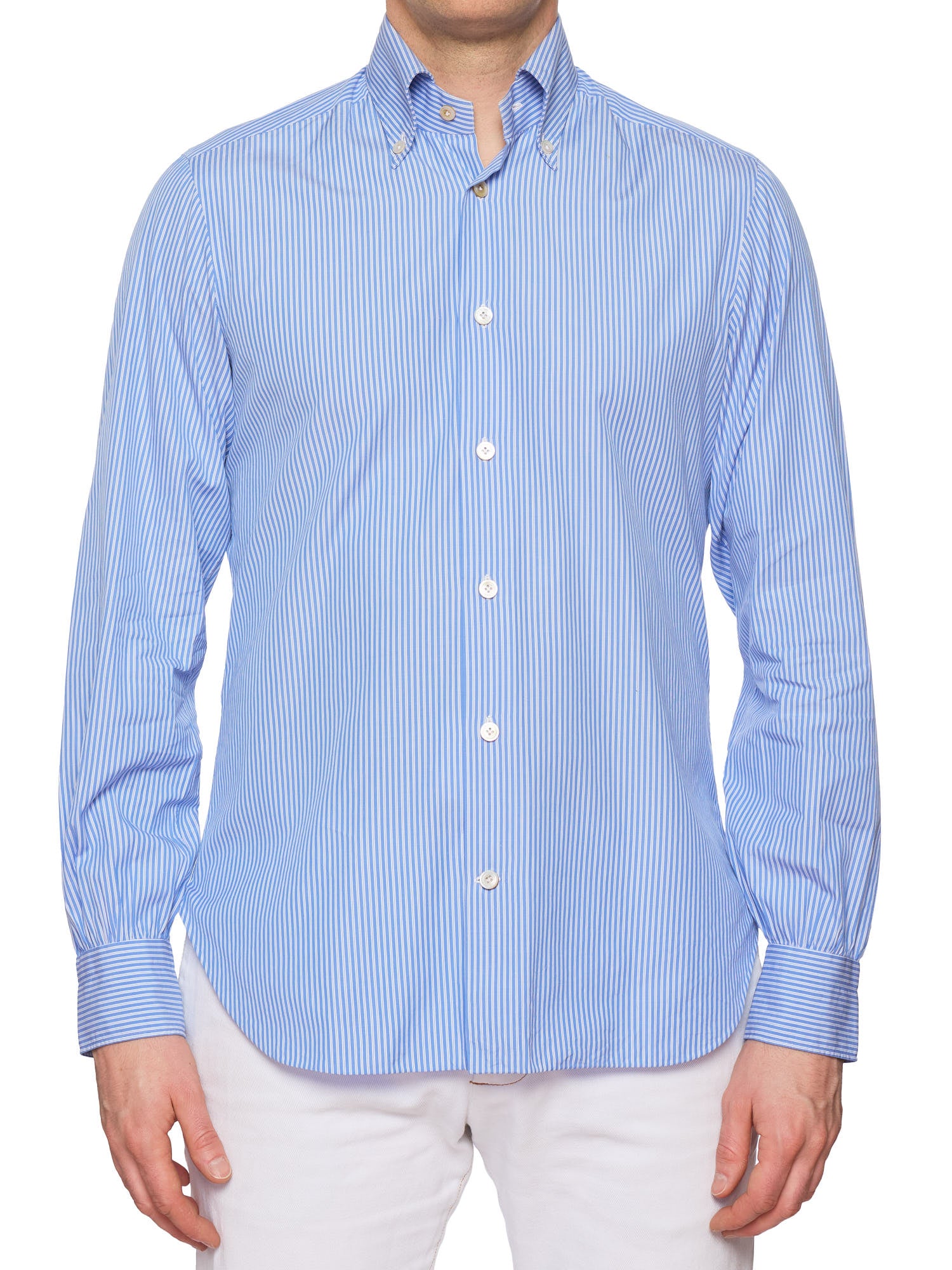 KITON Bespoke Handmade Blue Striped Cotton Button-Down Dress Shirt EU 39 US 15.5