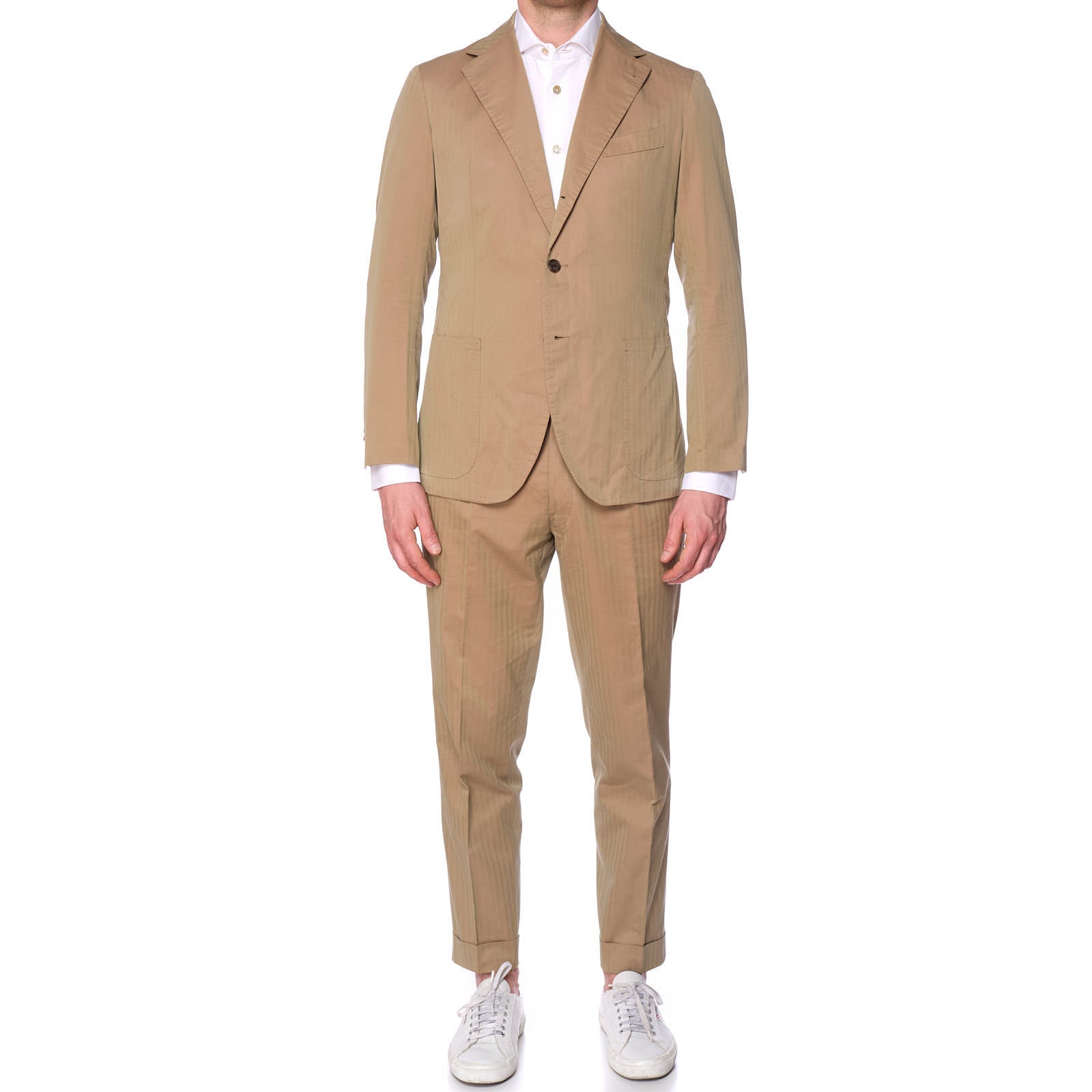 Sartoria SOLITO Handmade Bespoke Beige Herringbone Solaro Cotton Suits EU 48 US 38