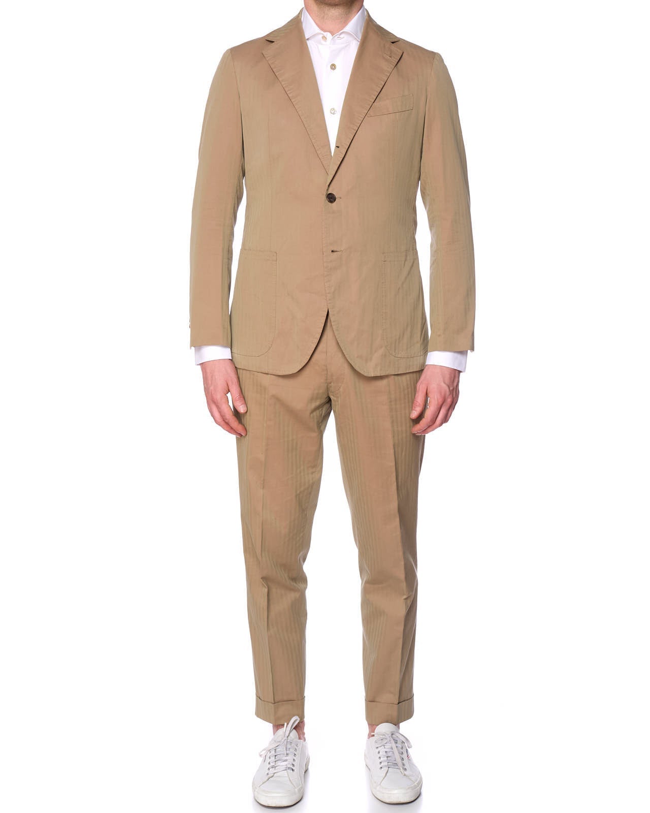 Sartoria SOLITO Handmade Bespoke Beige Herringbone Solaro Cotton Suits EU 48 US 38