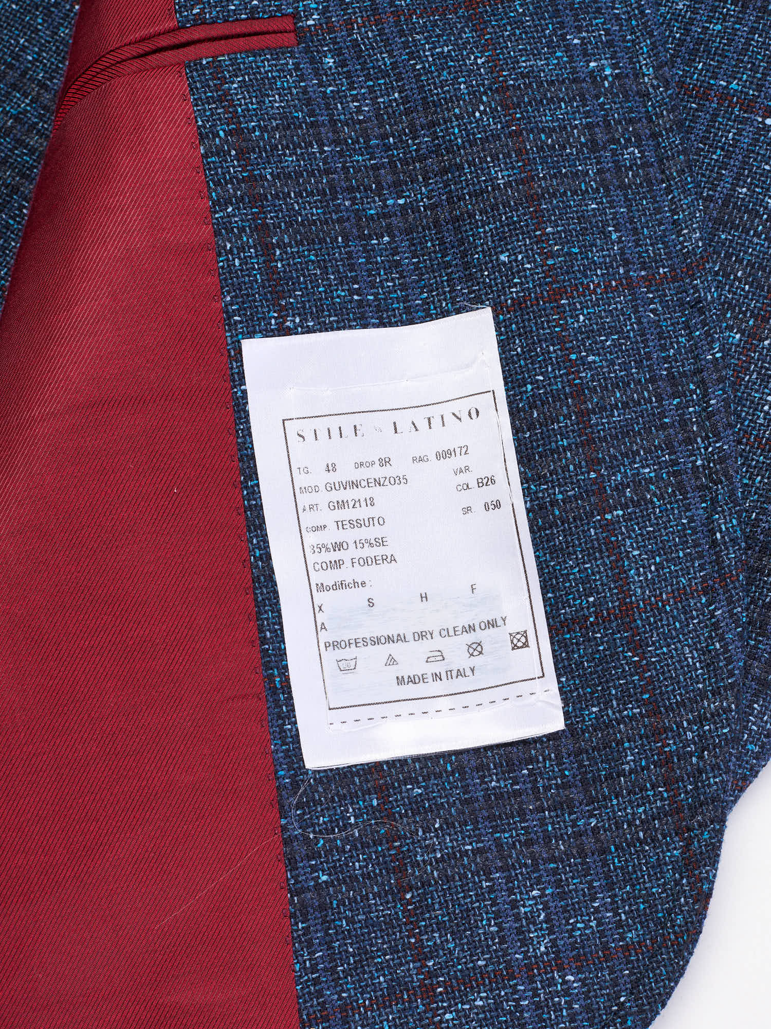 STILE LATINO "Vincenzo" Blue Windowpane Wool-Silk Jacket EU 48 US 38 Slim Fit