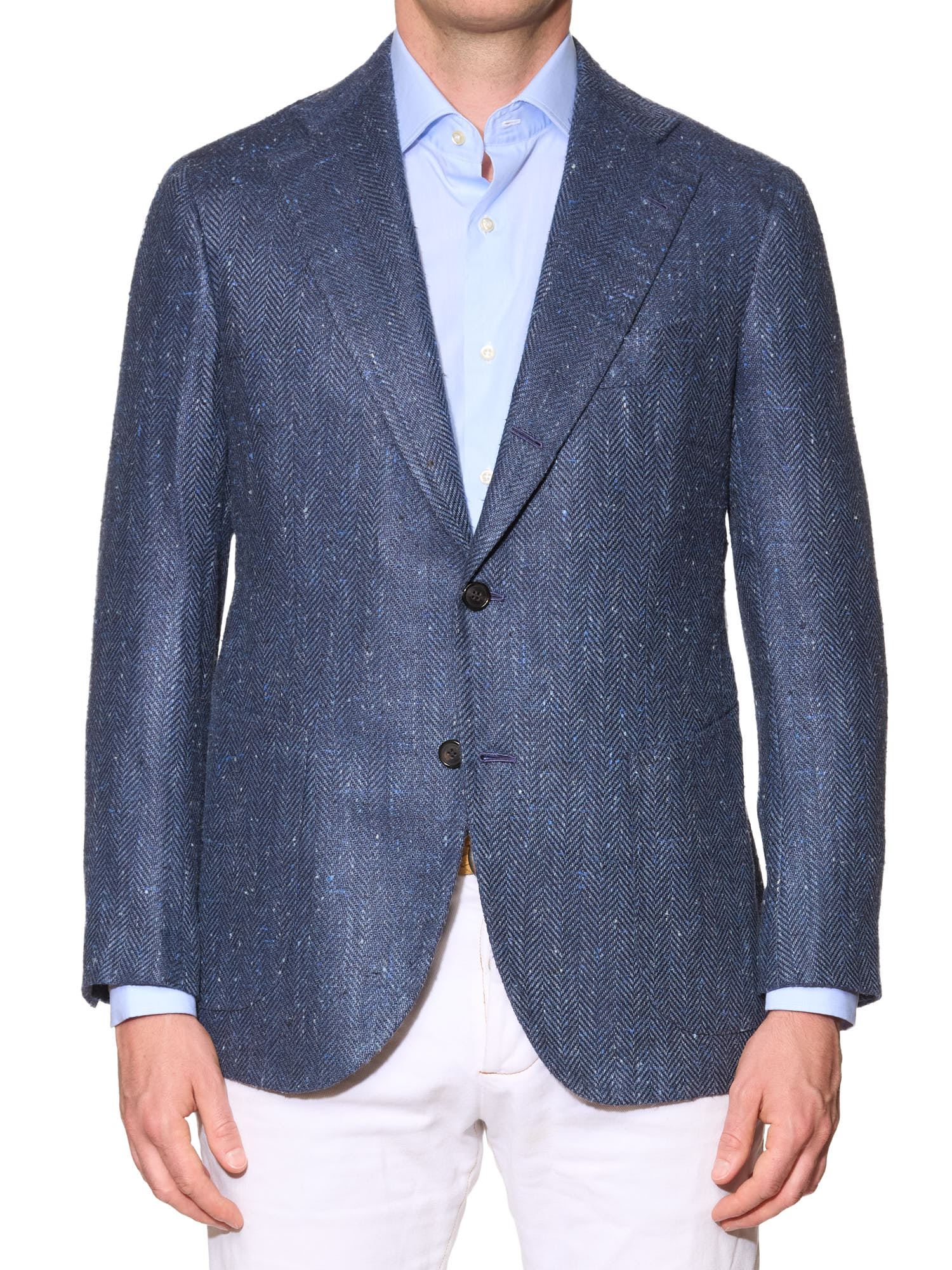 CHIAIA Bespoke Handmade Blue Herringbone Wool-Silk Jacket EU 50 US 40