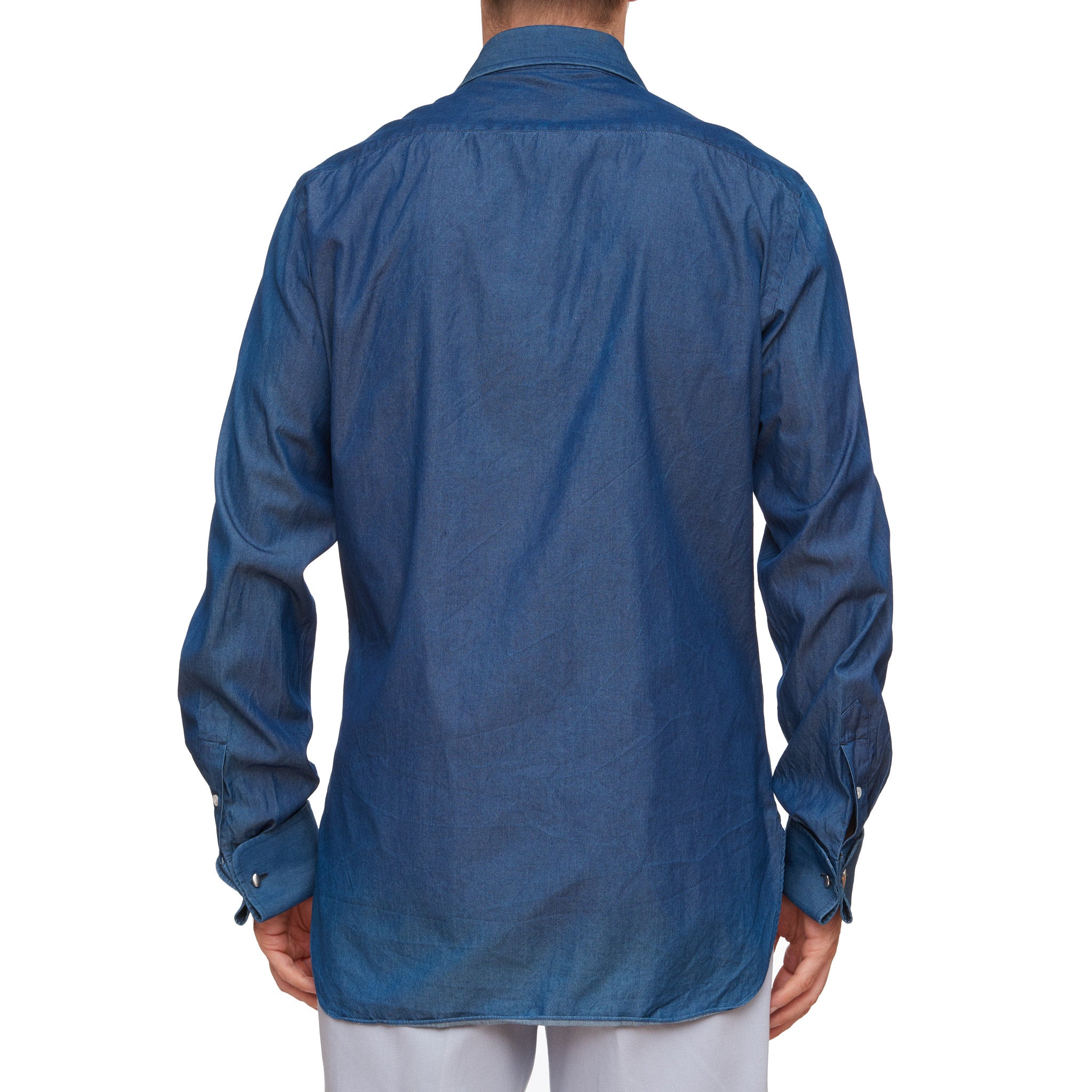 Sartoria CHIAIA Napoli Handmade Blue Cotton Denim French Cuff Shirt EU 43 US 17 Slim SARTORIA CHIAIA