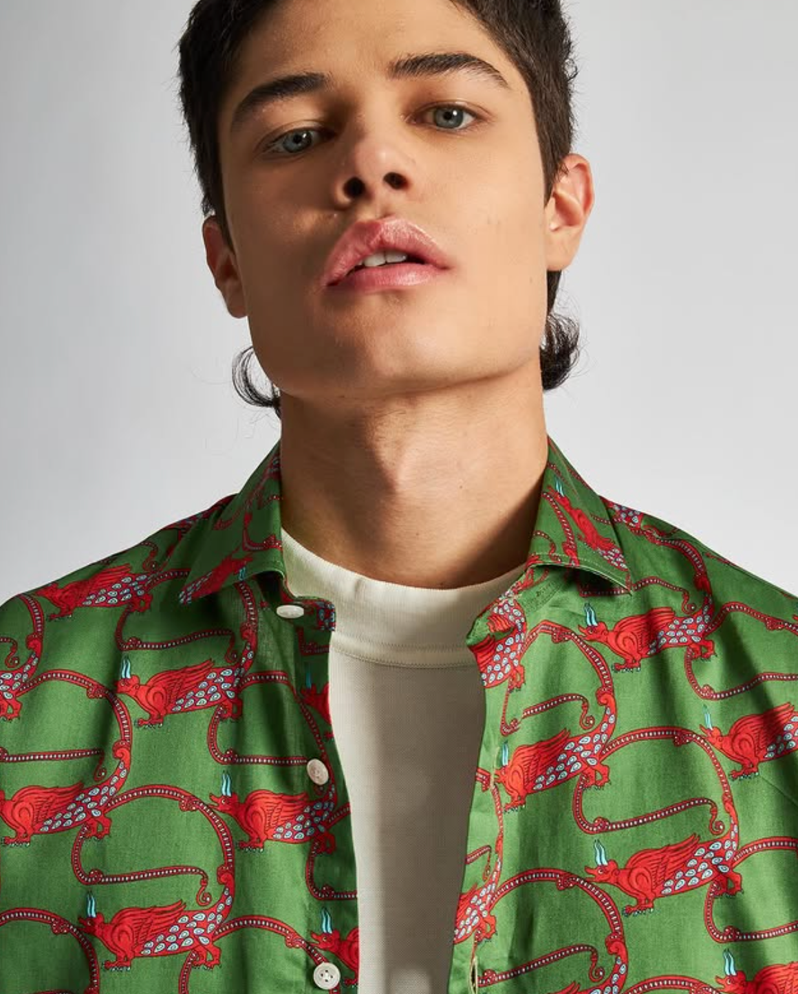 PIETRA SALATA Green-Red Pattern Dragons Cotton Shirt