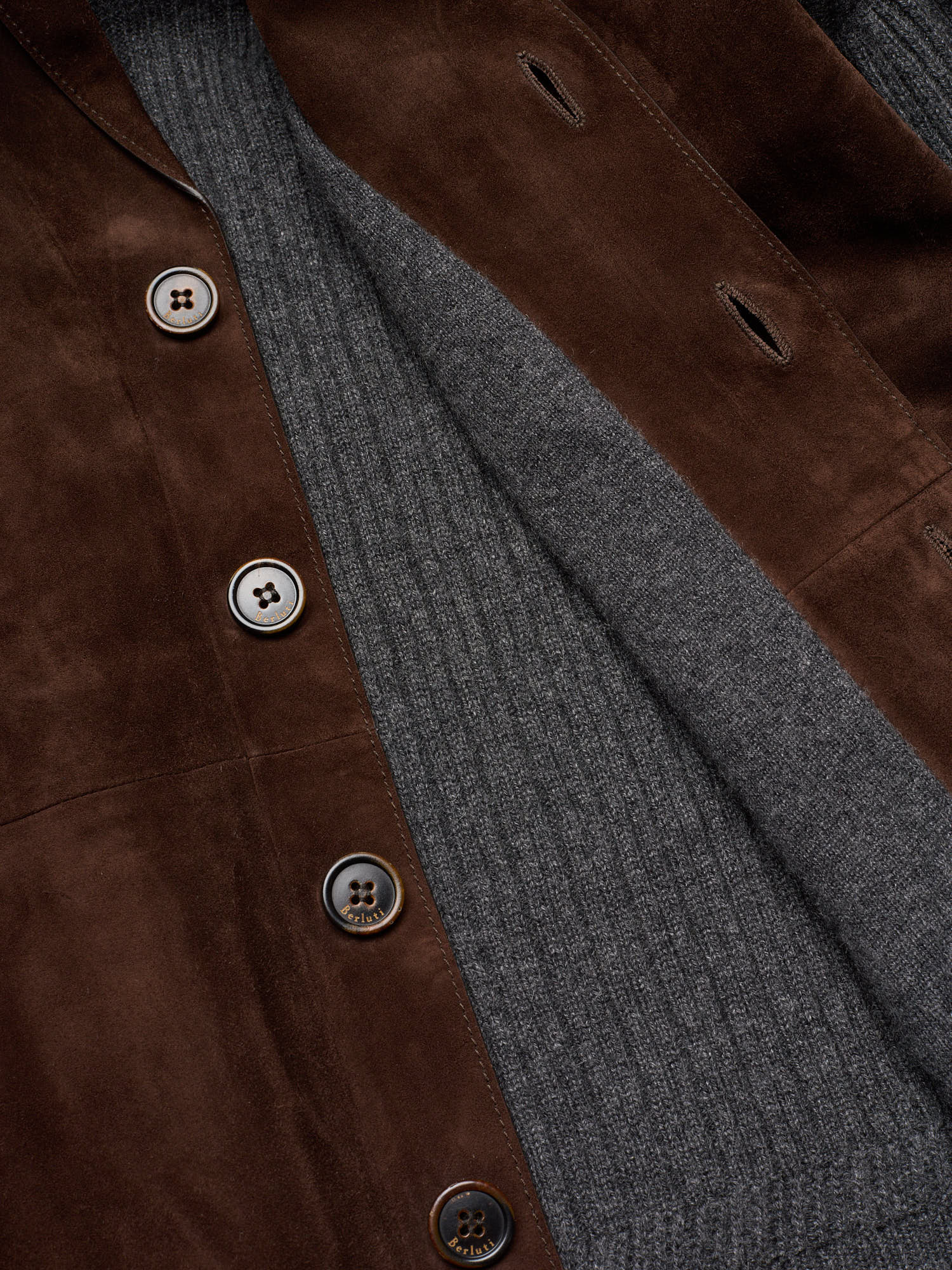 SalvaggioBERLUTI Paris Choco Cashmere - Suede Front Button Up Knit Sweater