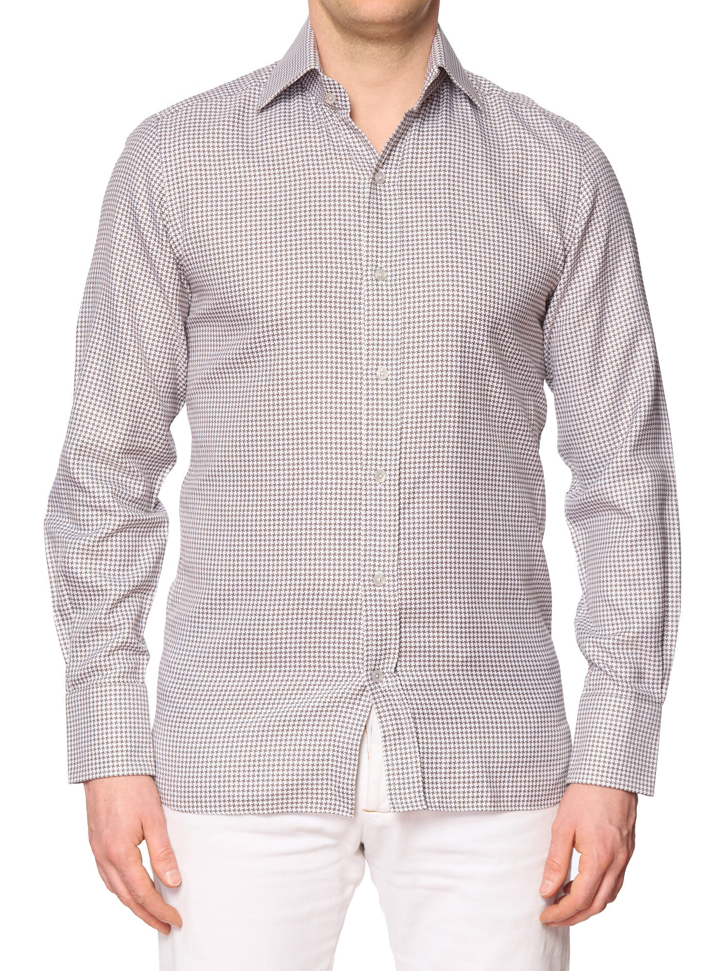 TOM FORD White-Brown Micro Cotton Dress Shirt EU 39 NEW US 15.5