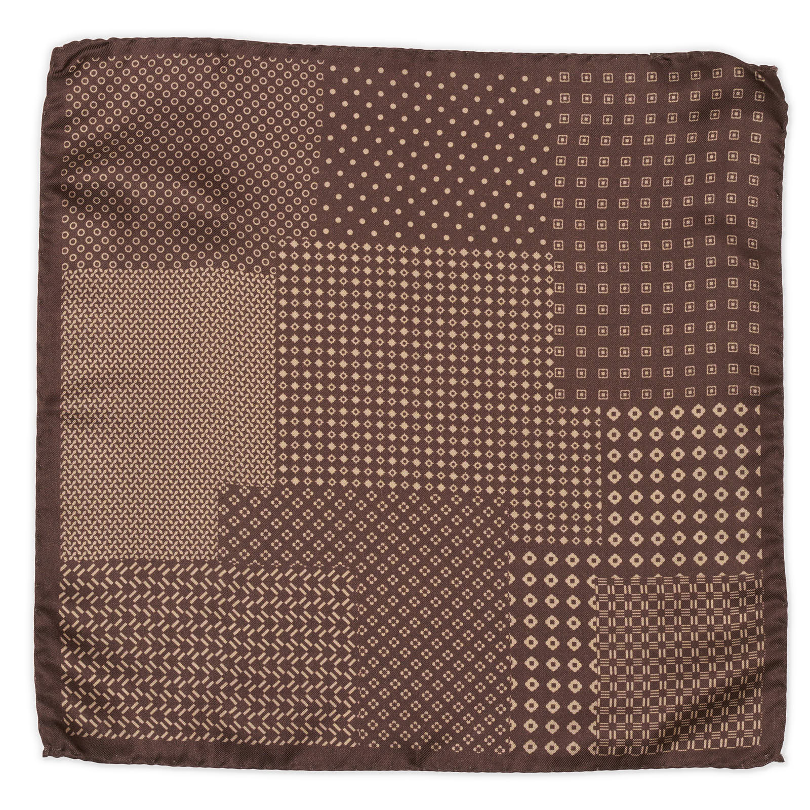 VANNUCCI Handmade Patchwork Brown Silk Pocket Square NEW 31cm x 31cm