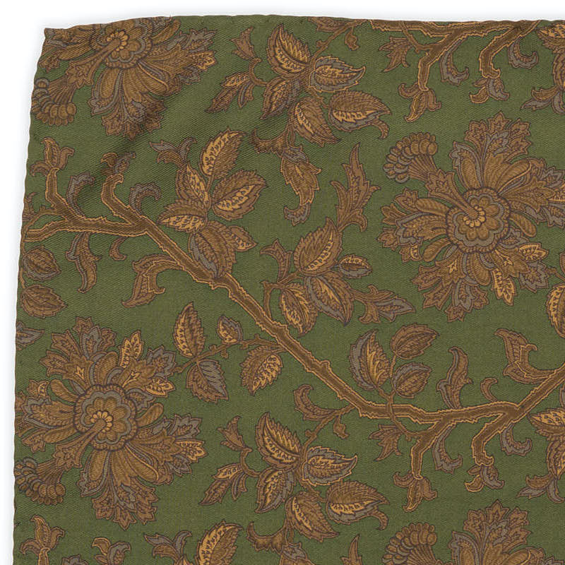 Vintage VANNUCCI Milano Handmade Green-Brown Floral Silk Pocket Square NEW 30cm x 30cm