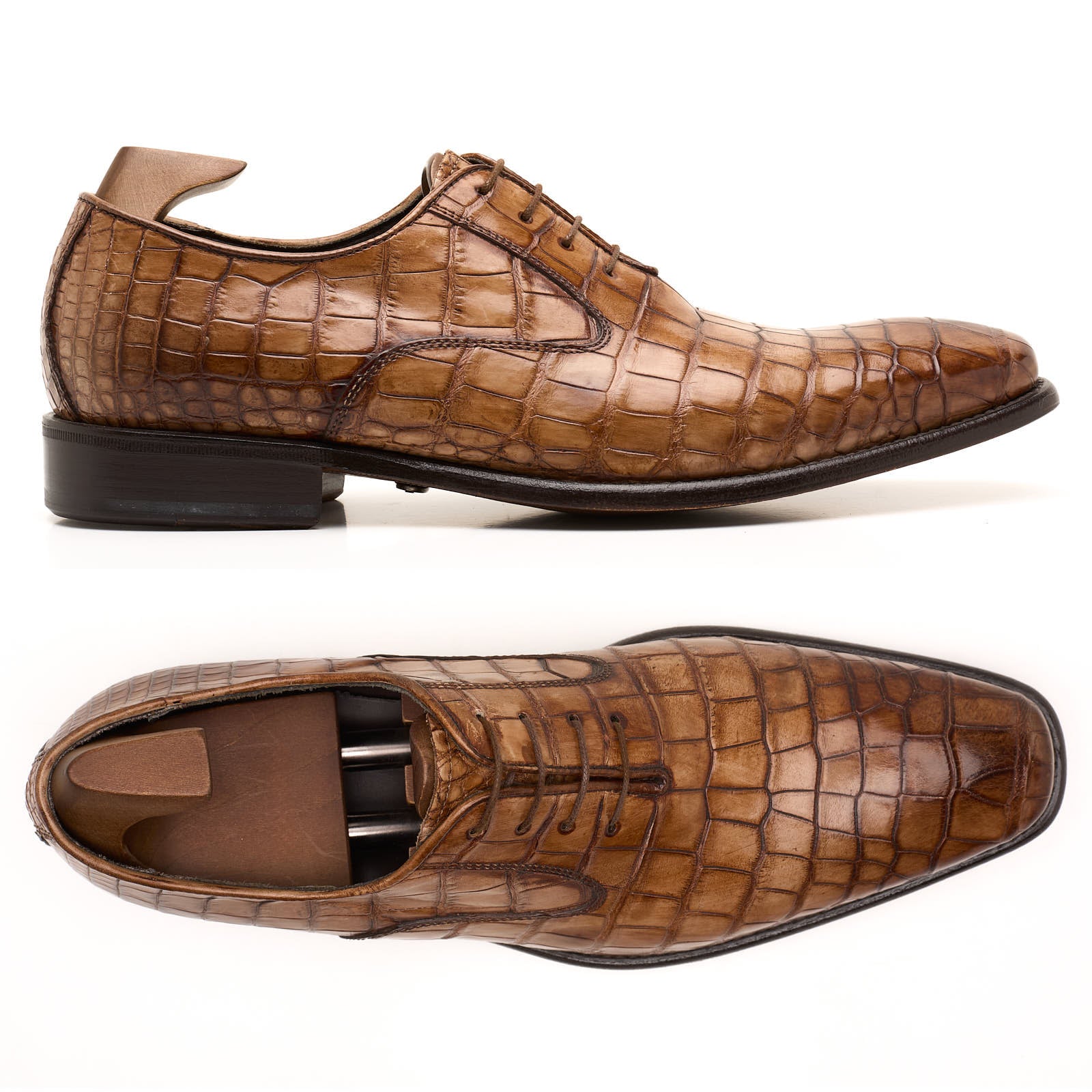 VANNUCCI Cognac Genuine Crocodile Leather 4 Eyelet Oxford Dress Shoes EU 45 US 11.5