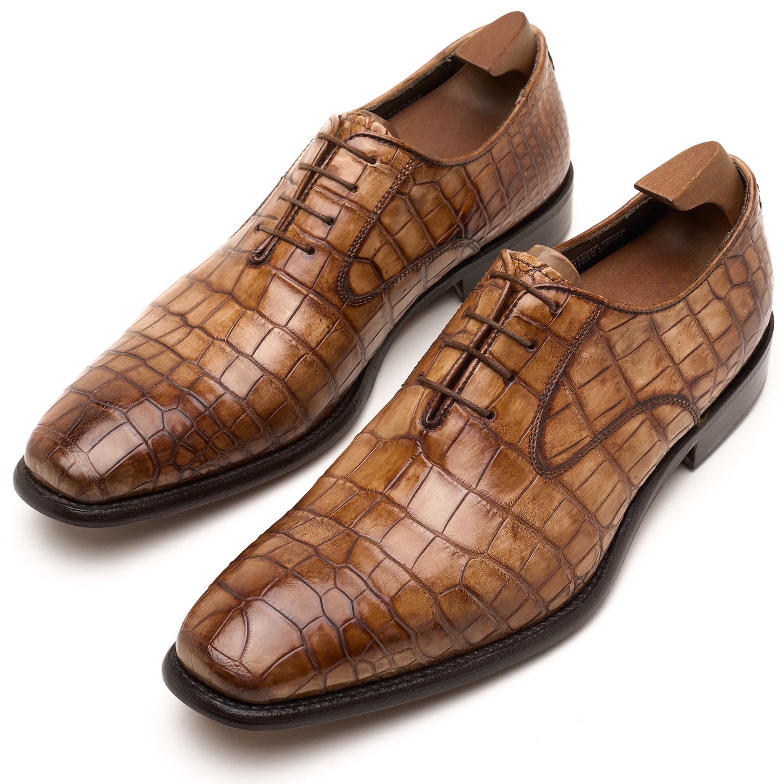 VANNUCCI Cognac Genuine Crocodile Leather 4 Eyelet Oxford Dress Shoes
