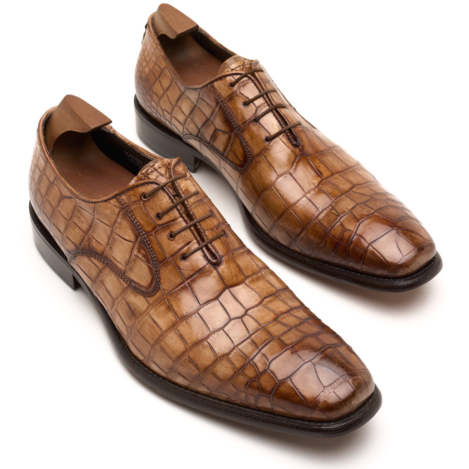 VANNUCCI Cognac Genuine Crocodile Leather 4 Eyelet Oxford Dress Shoes EU 45 US 11.5