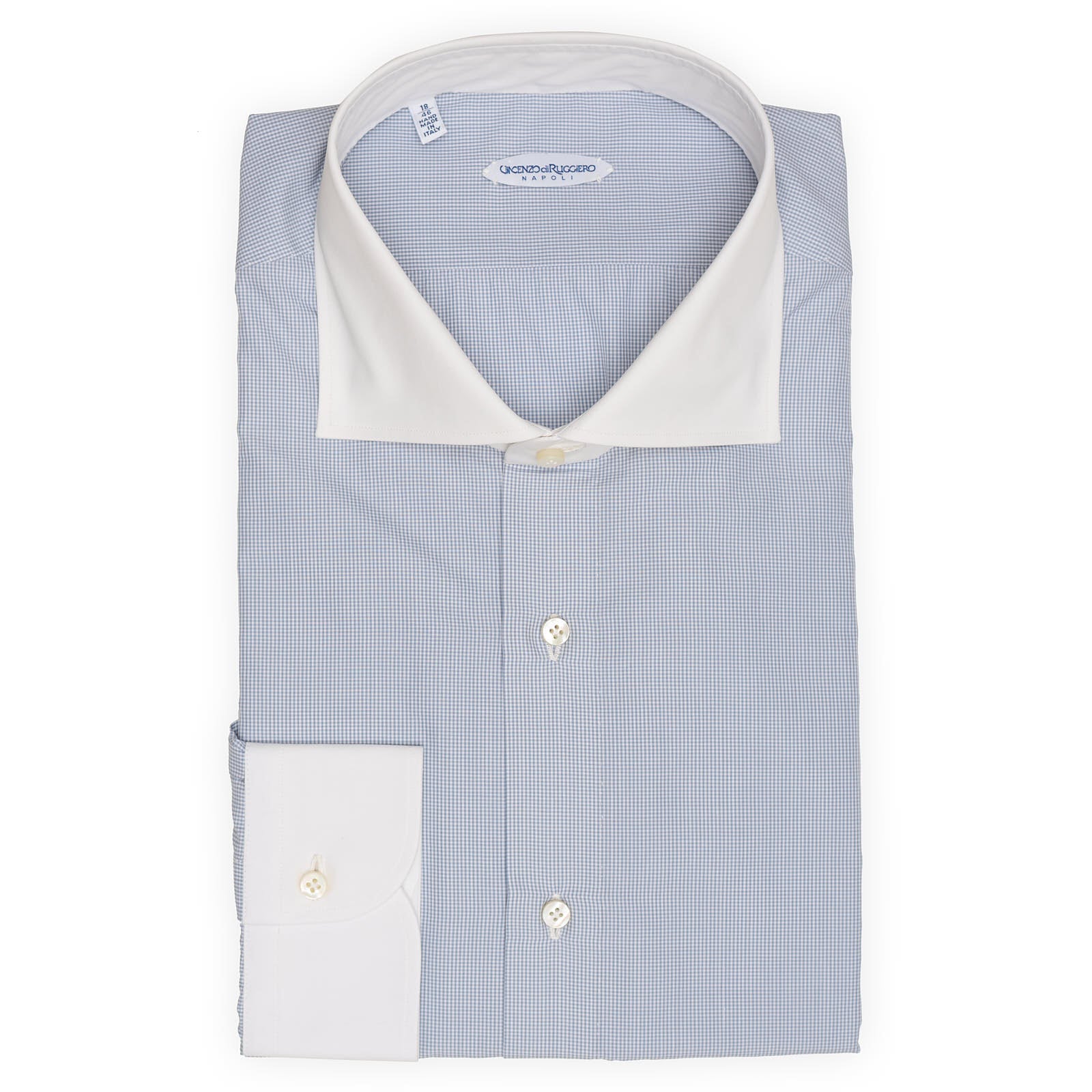 VINCENZO DI RUGGIERO Handmade Blue Windowpane Cotton Dress Shirt EU 46 New US 18