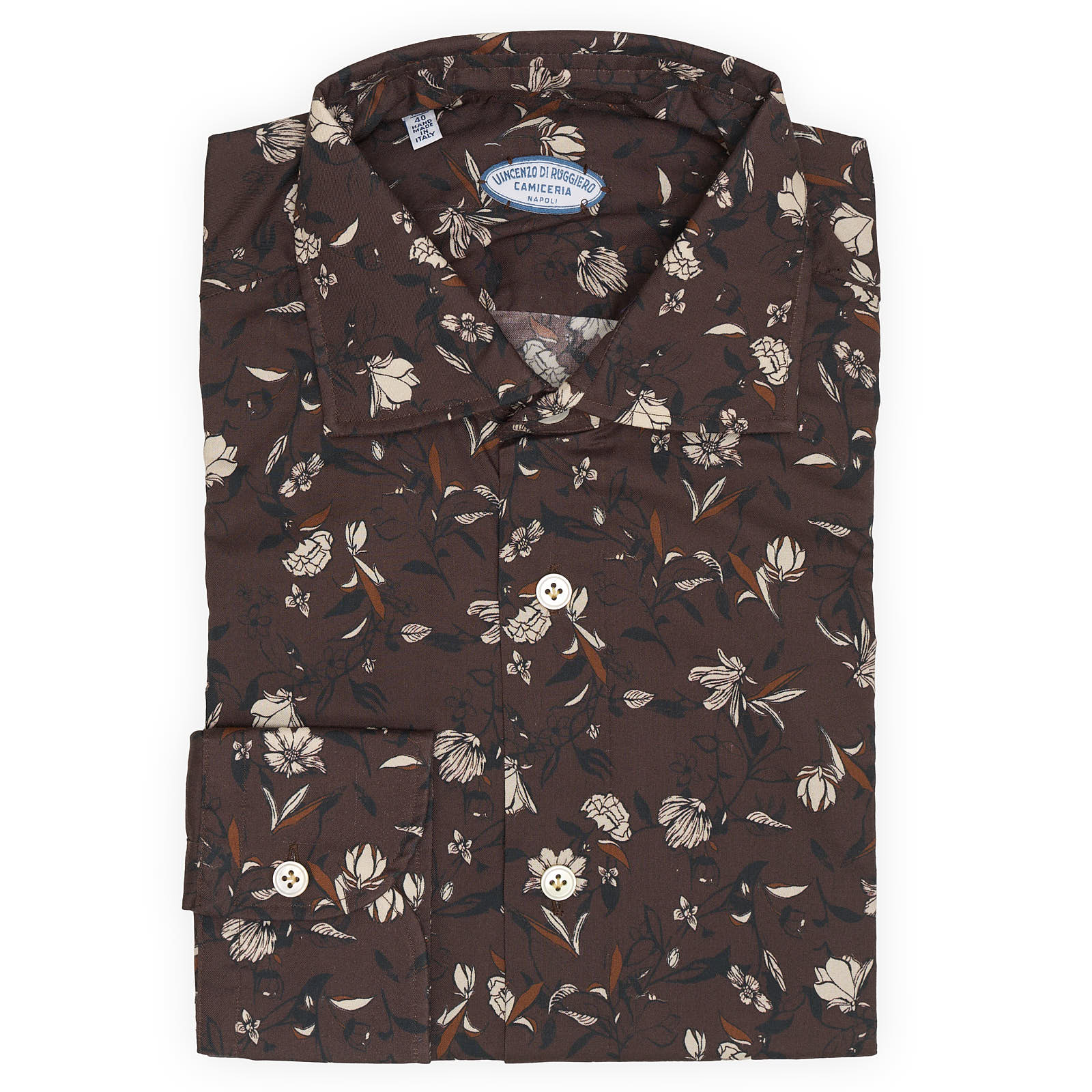 VINCENZO DI RUGGIERO Handmade Brown Floral Cotton Shirt EU 40 NEW US 15.75