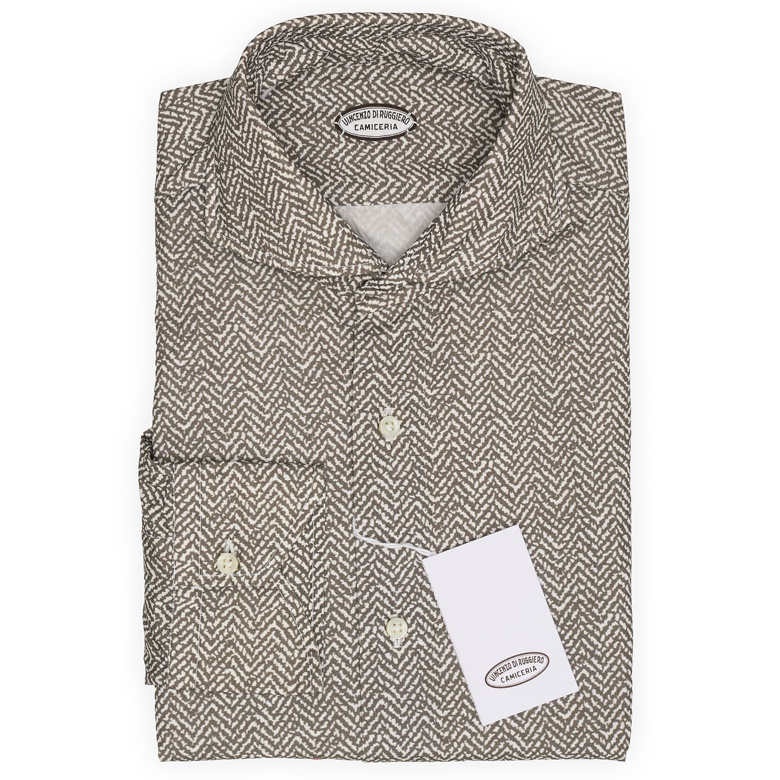 VINCENZO DI RUGGIERO Handmade Brown Herringbone Cotton Shirt US 15.75 NEW EU 40