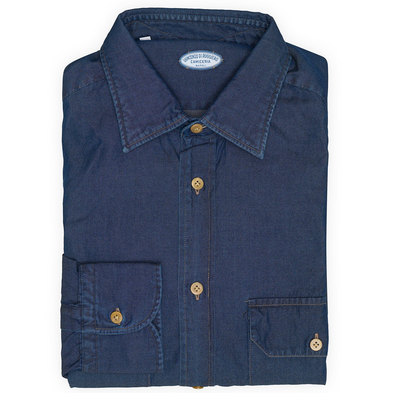 VINCENZO DI RUGGIERO Denim Blue Front Pocket Cotton Shirt EU 39 NEW US 15.5