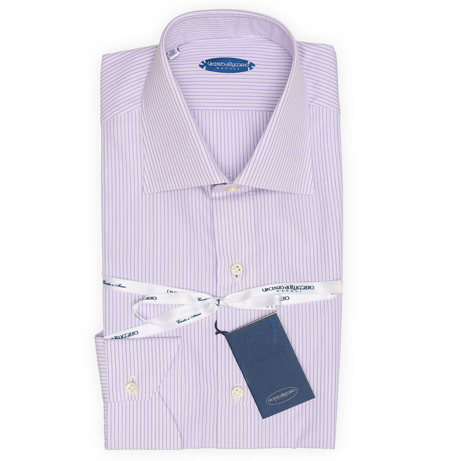 VINCENZO DI RUGGIERO Handmade Purple Striped Cotton Dress Shirt EU 39