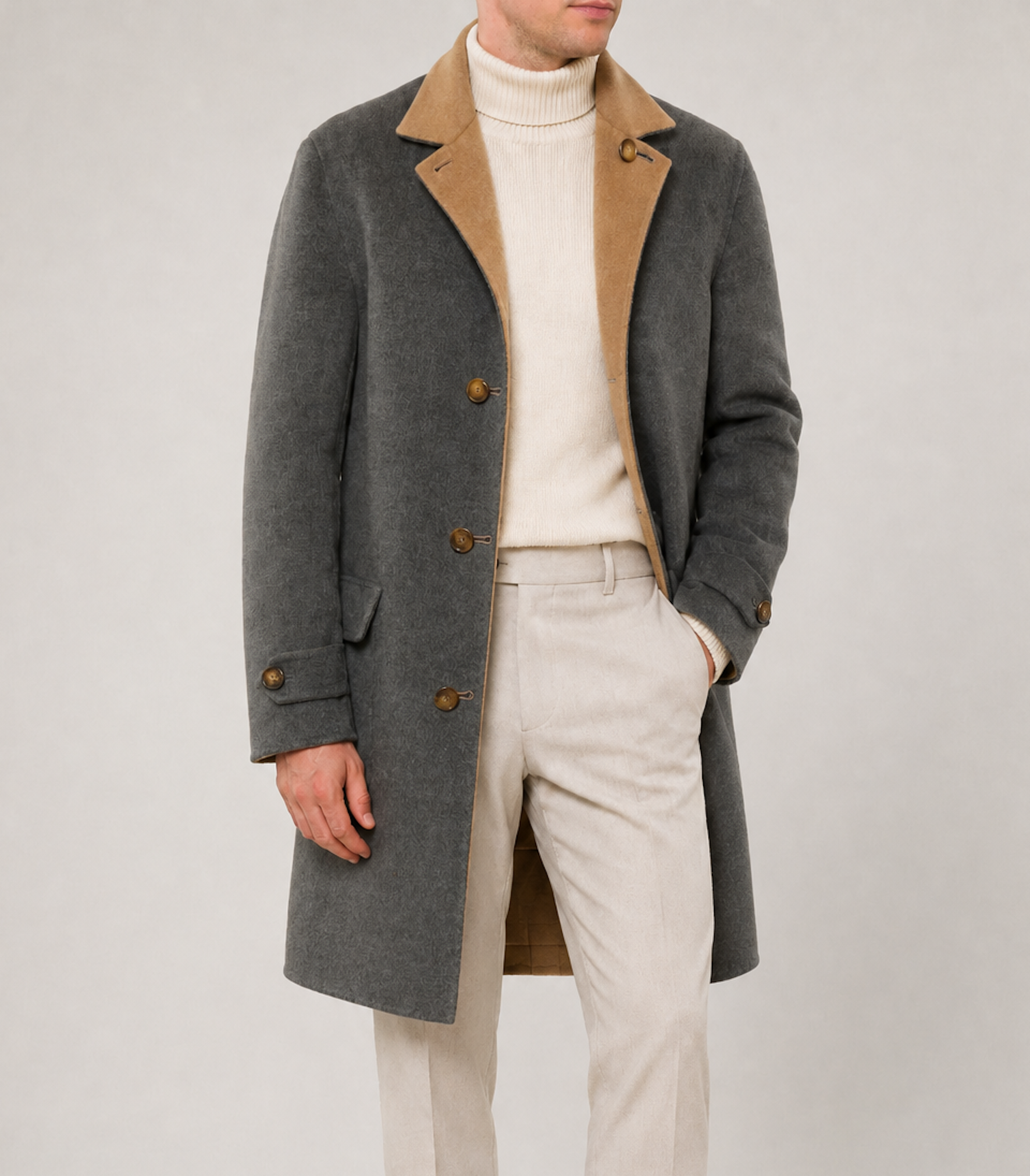 BRUNELLO CUCINELLI Beige-Gray Double Sided Cashmere Overcoat 50