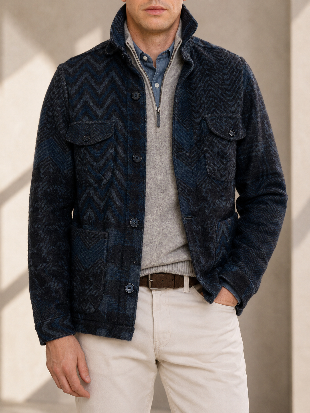 PIETRA SALATA Blue Navajo Geometric Safari Jacket Overshirt NEW M