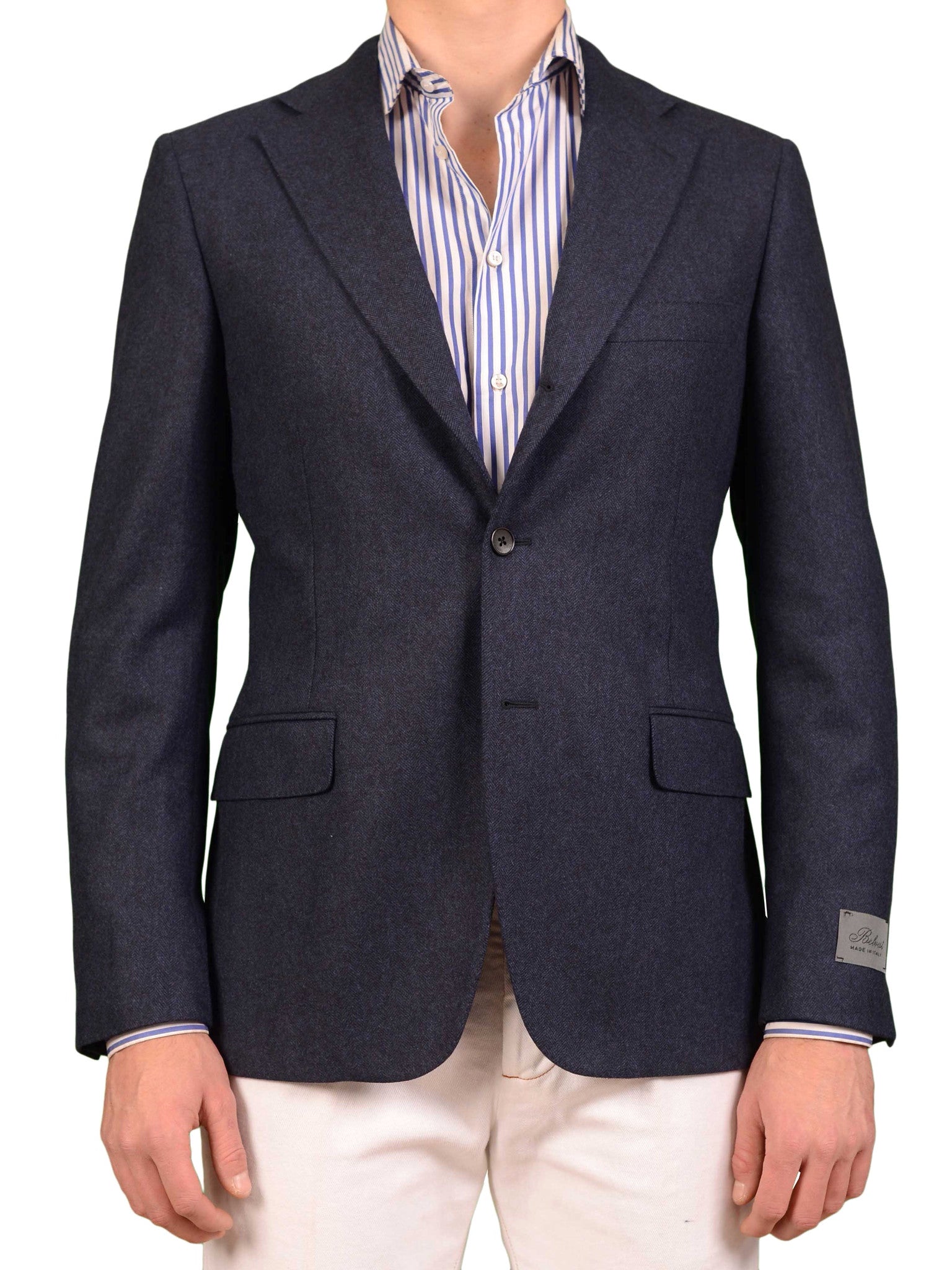 BELVEST Handmade Blue Herringbone Wool Blend Flannel Jacket EU 50 NEW US 40