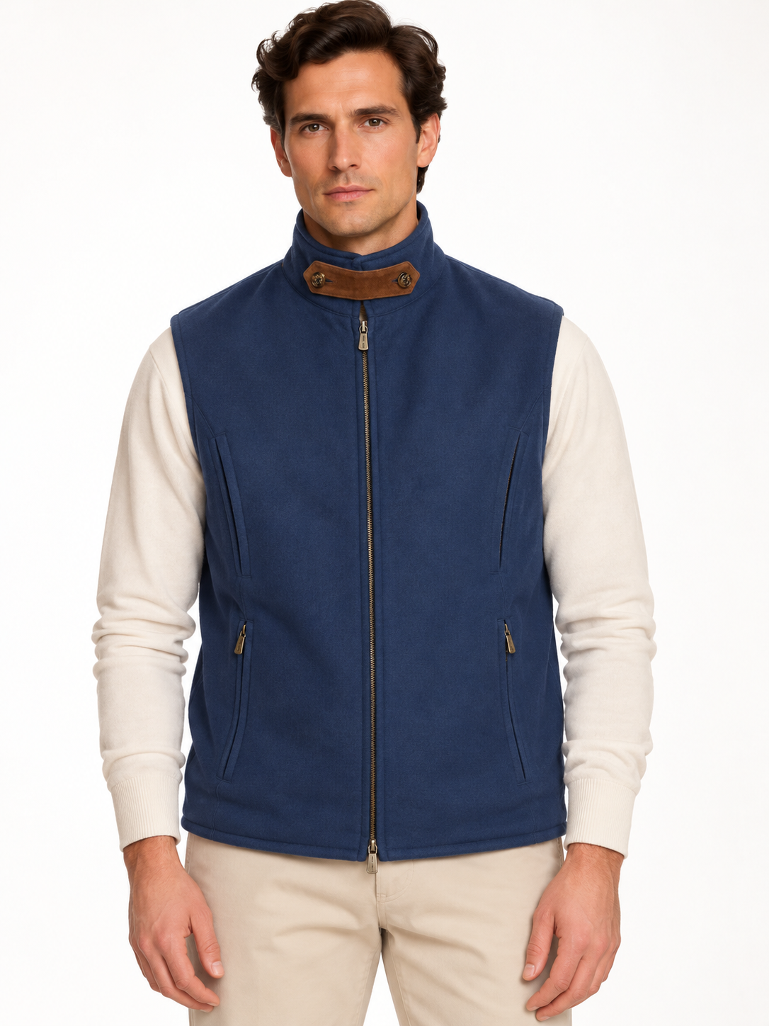 LORO PIANA Blue Cashmere Suede Trims Vest M