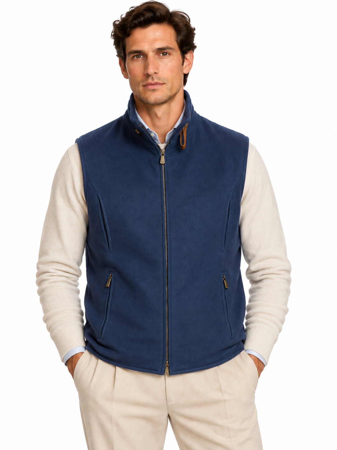 LORO PIANA Blue Cashmere Suede Trims Vest M