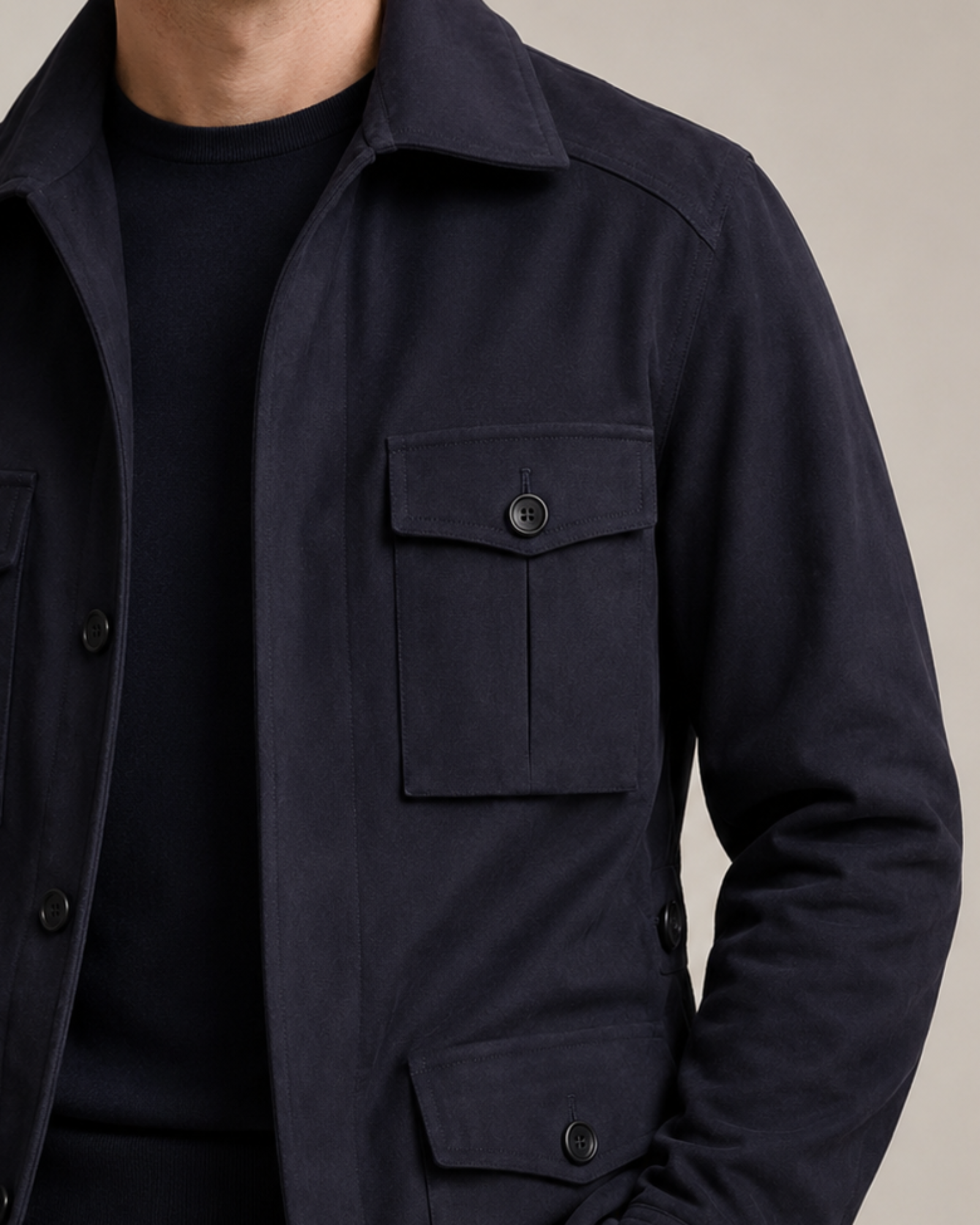 ANDERSON SHEPPARD Navy Blue Cotton Twill Safari Jacket L