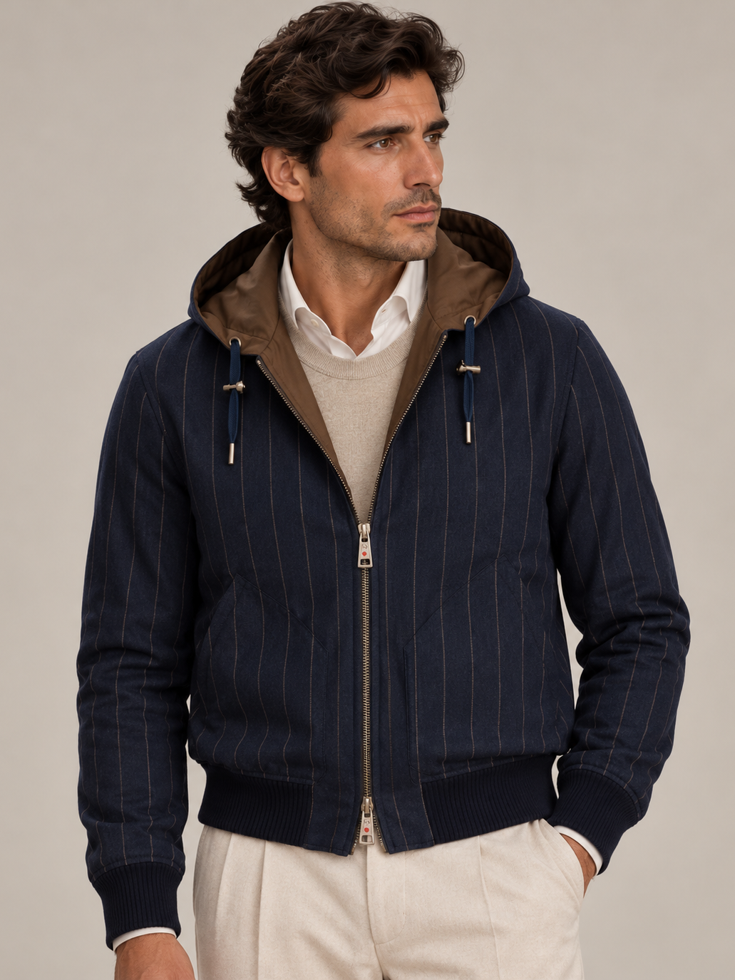 KITON KIRED "Barwa" Navy Chalkstripe Reversible Hooded Bomber Jacket