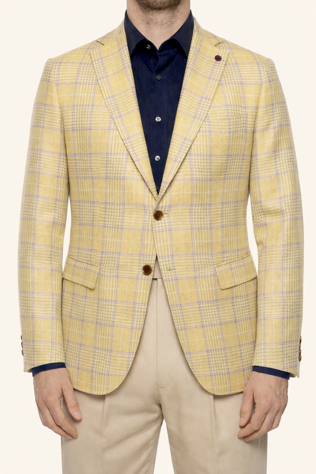 SARTORIA PARTENOPEA "Napoli2" Pastel Yellow Plaid Wool-Silk-Linen Jacket