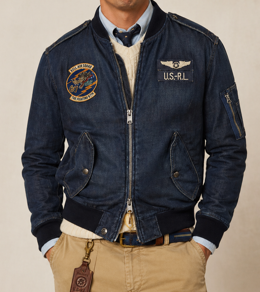 POLO RALPH LAUREN Blue Denim "Ma–1" Patch Bomber Jacket