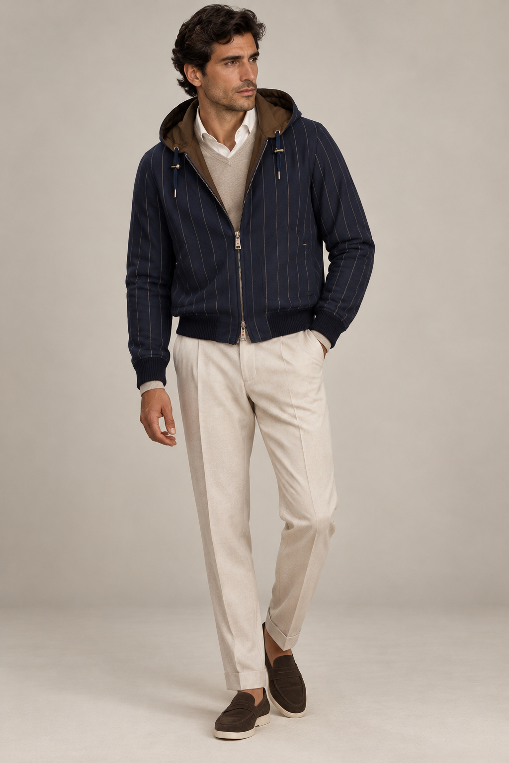 KITON KIRED "Barwa" Navy Chalkstripe Reversible Hooded Bomber Jacket