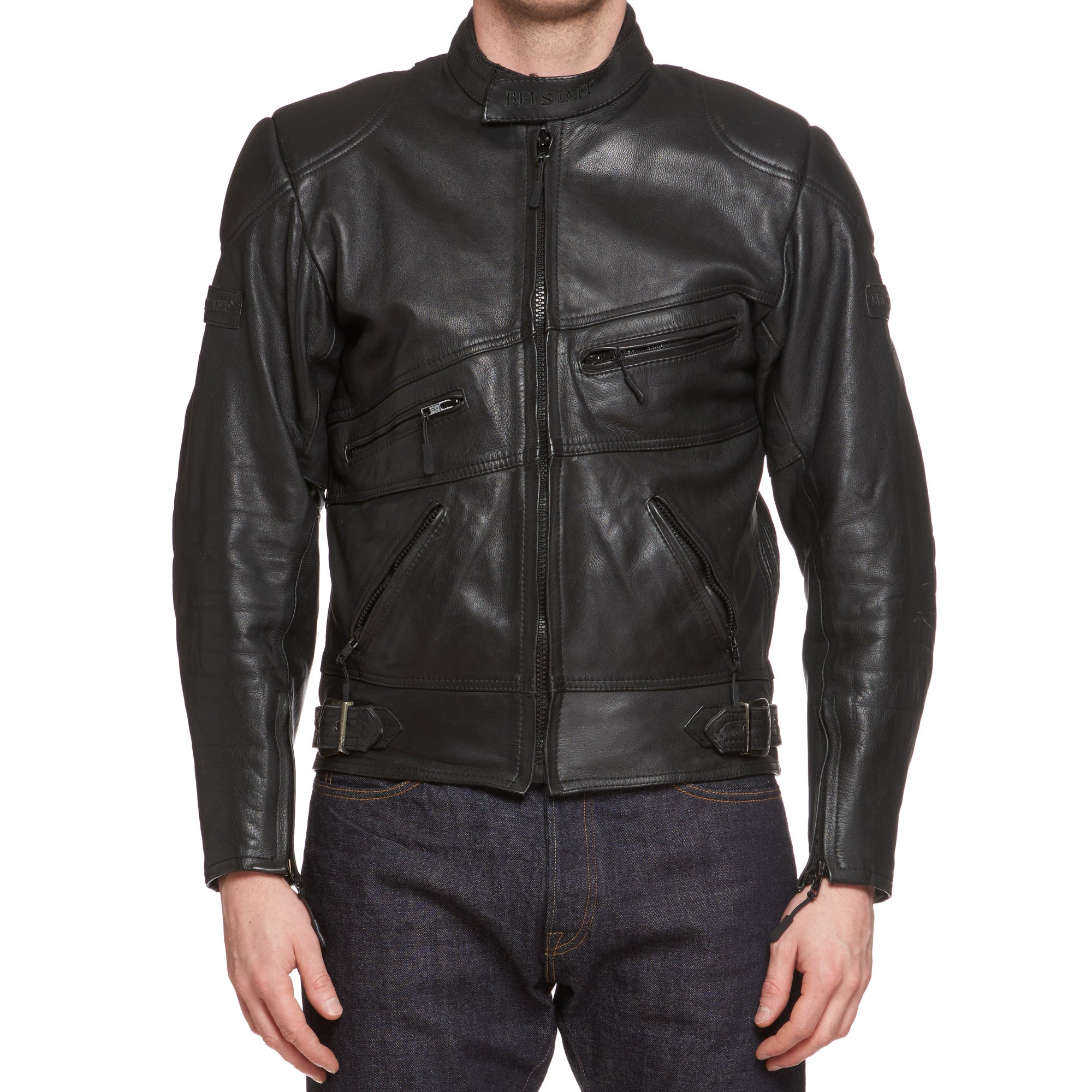 BELSTAFF Black Leather Motorcycle Jacket Protectors Size 44 US S Made in UK BELSTAFF