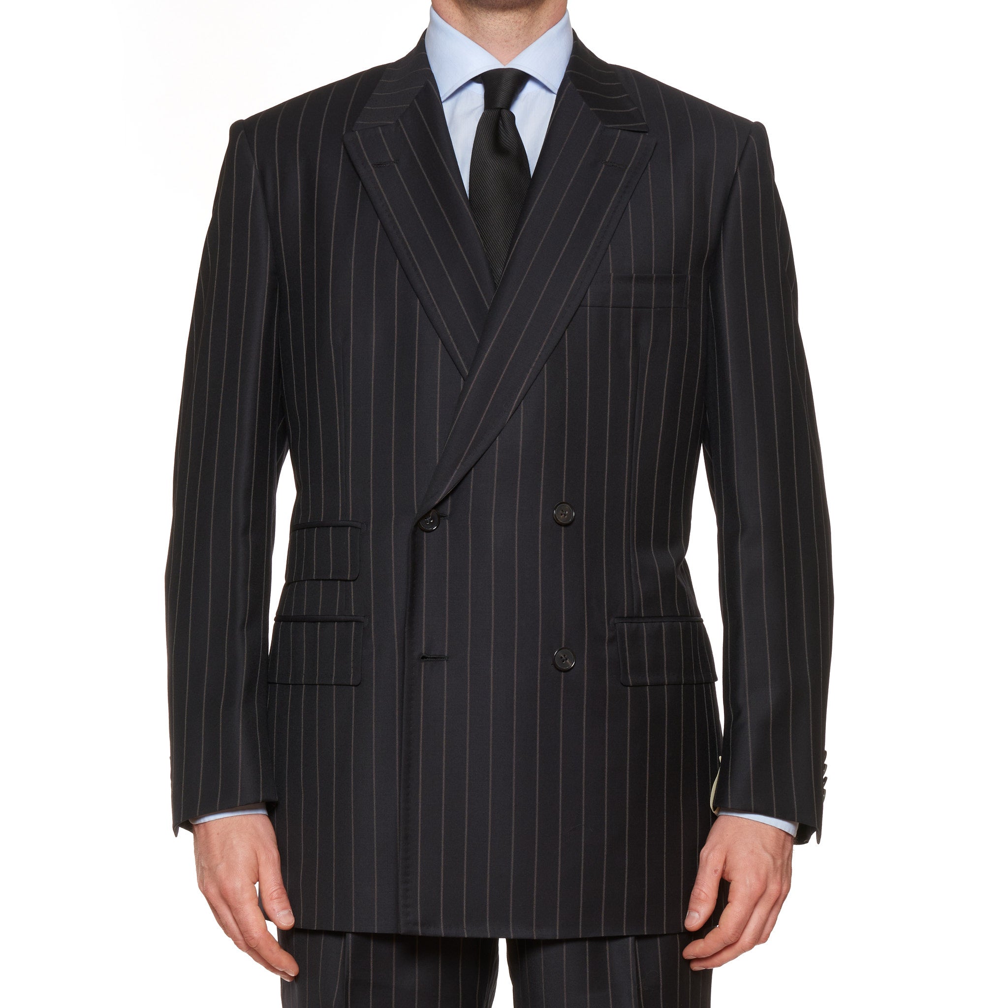 D'AVENZA For PAPE Handmade Black Striped Wool DB Suit EU 52 NEW US 42 D'AVENZA