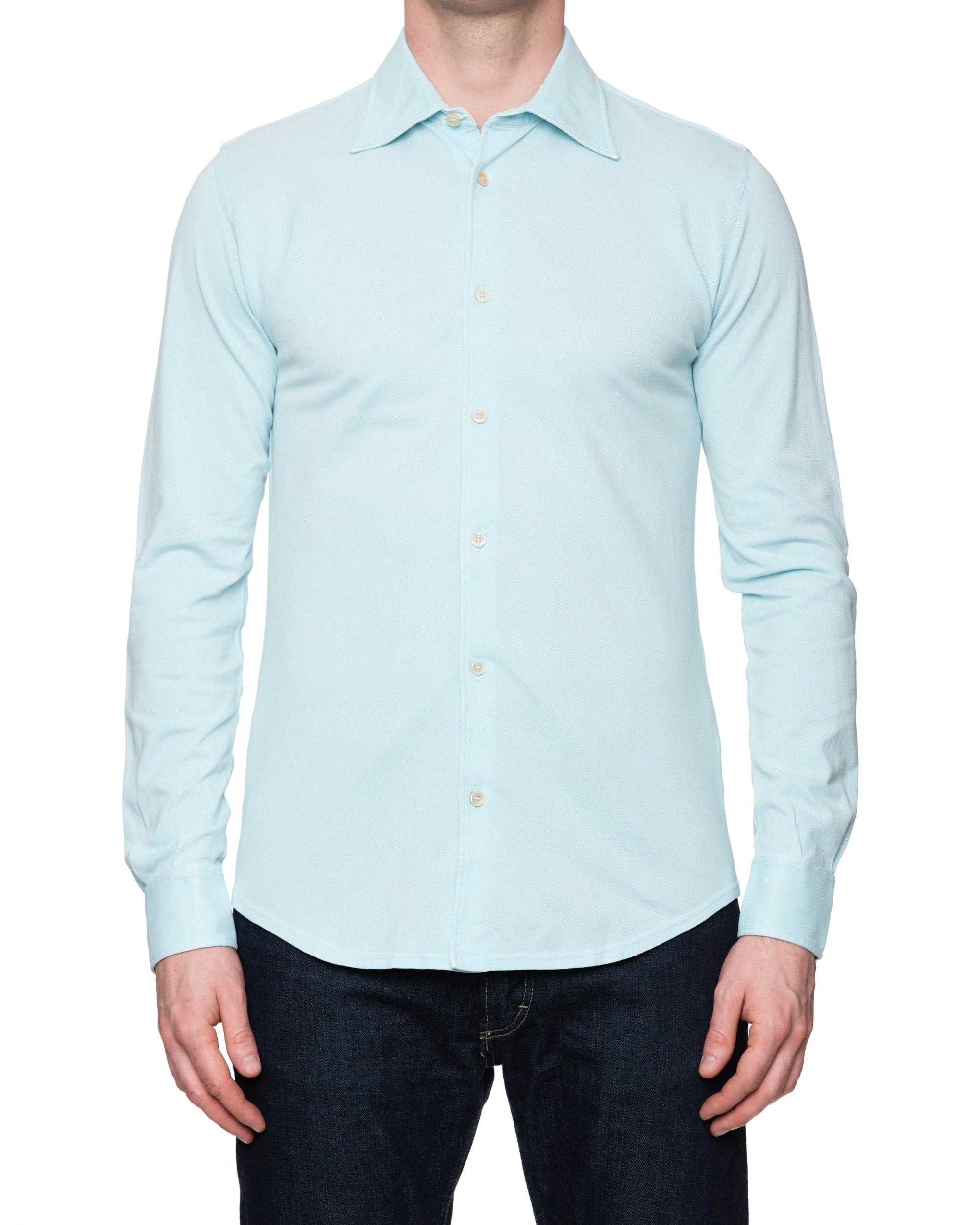 FEDELI 34 LAB "Pard" Light Blue Cotton Pique Long Sleeve Polo Shirt 46 NEW FEDELI