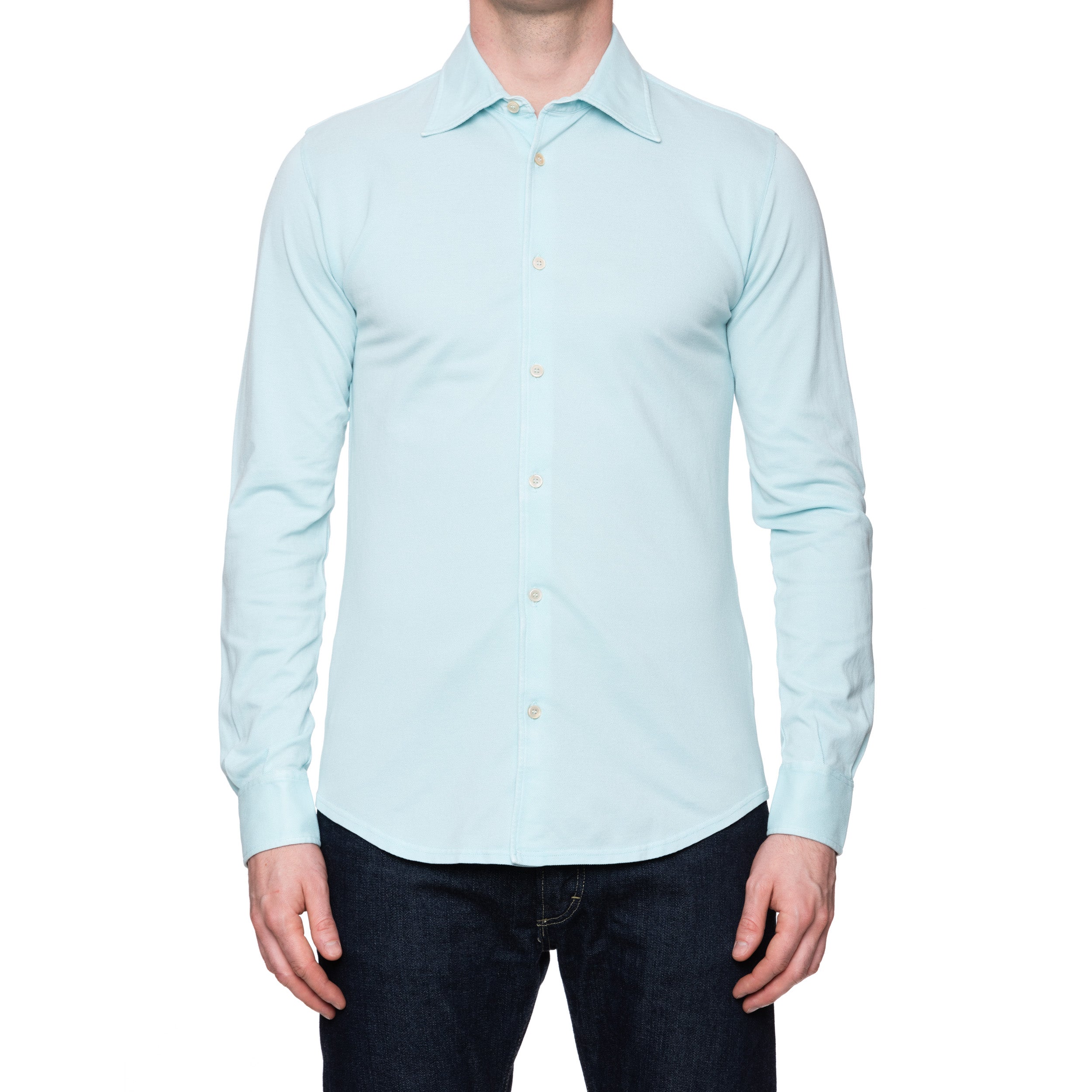 FEDELI 34 LAB "Pard" Light Blue Cotton Pique Long Sleeve Polo Shirt 46 NEW FEDELI