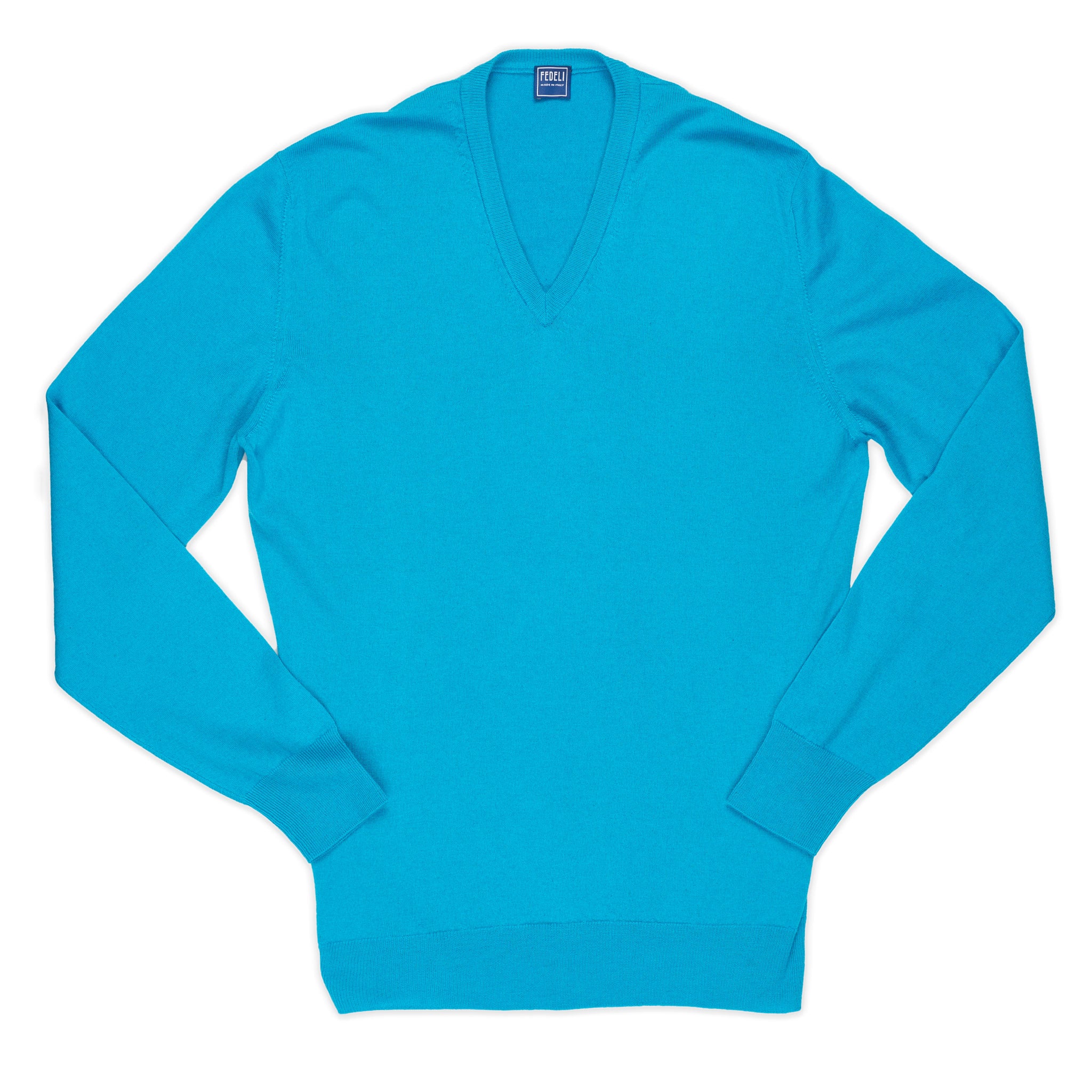 FEDELI Blue Cashmere-Cotton V-Neck Sweater EU 50 NEW US M FEDELI
