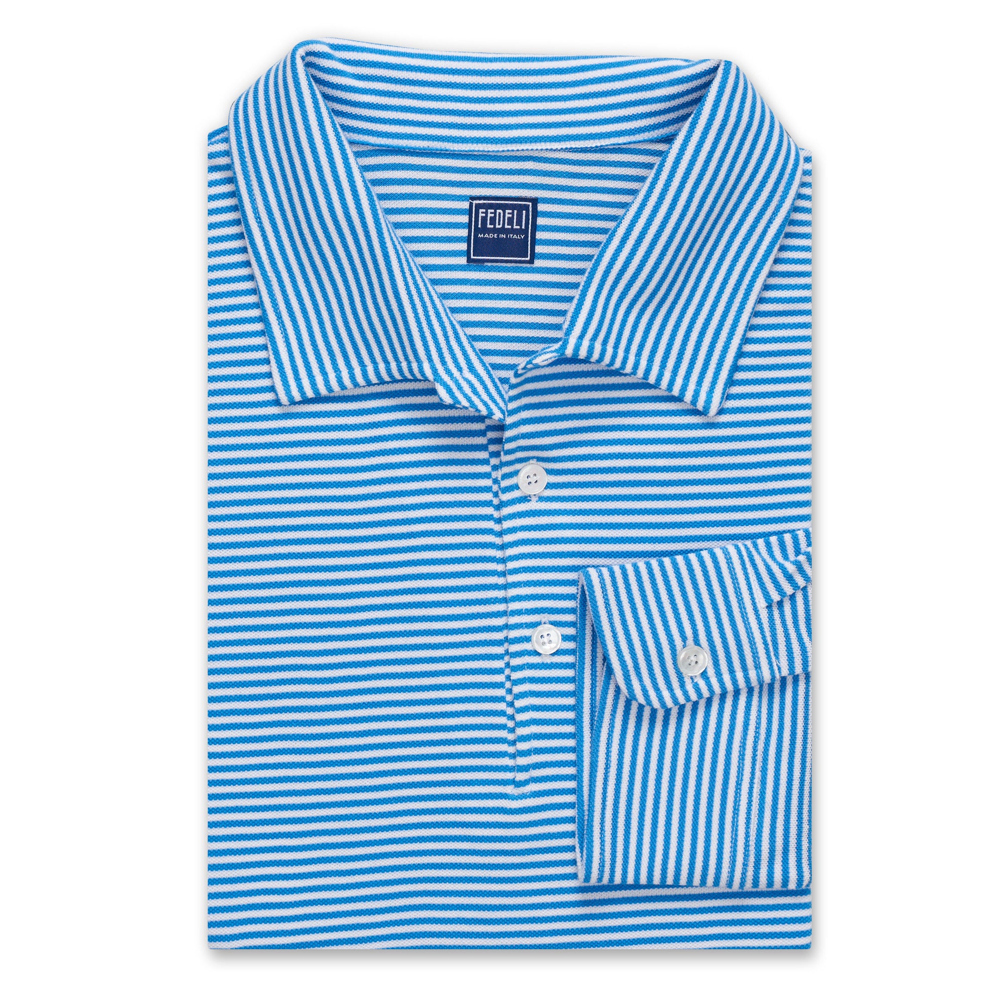 FEDELI Blue Striped Cotton Light Pique Long Sleeve Polo Shirt EU 58 NE