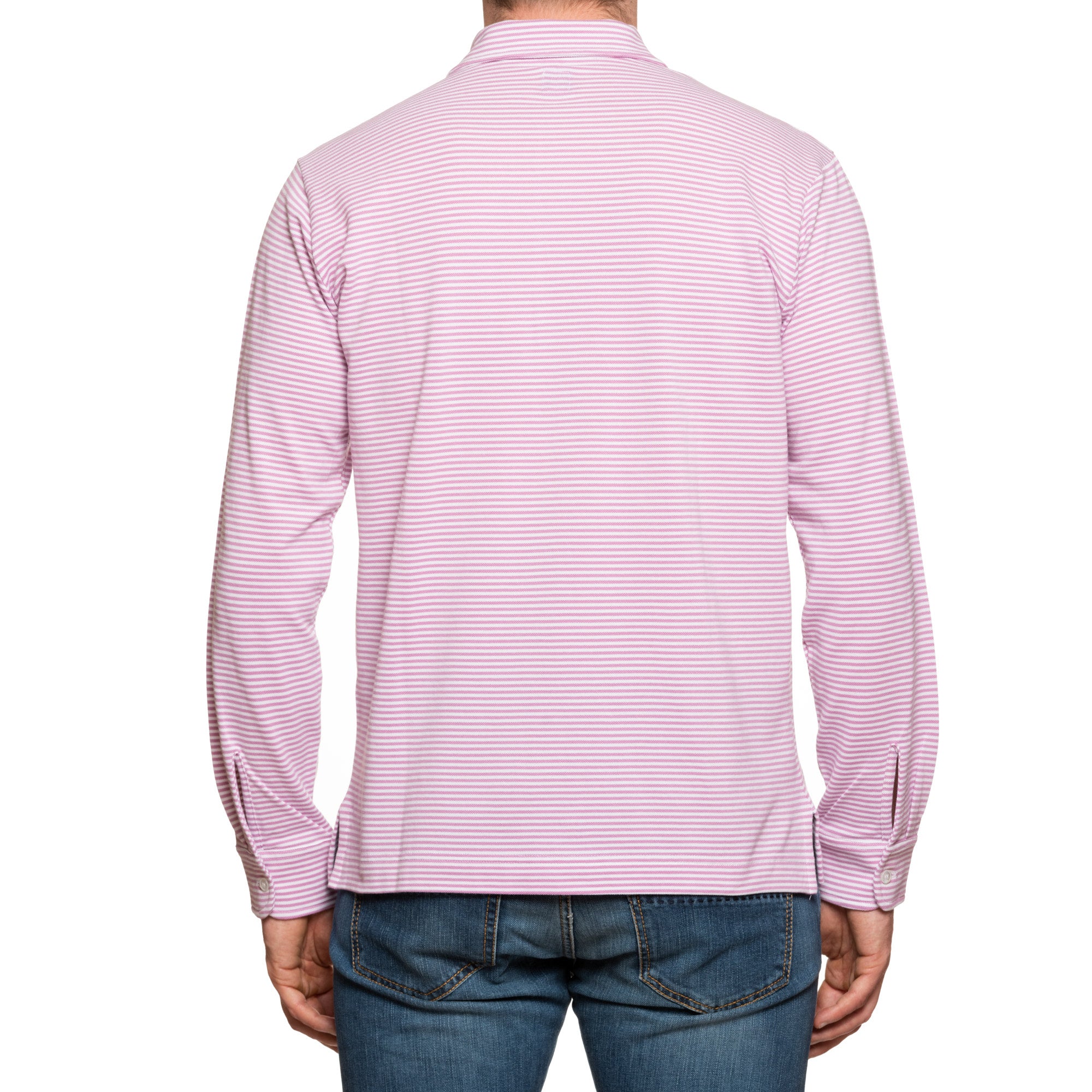 FEDELI Dark Pink Striped Cotton Light Pique Long Sleeve Polo Shirt NEW FEDELI