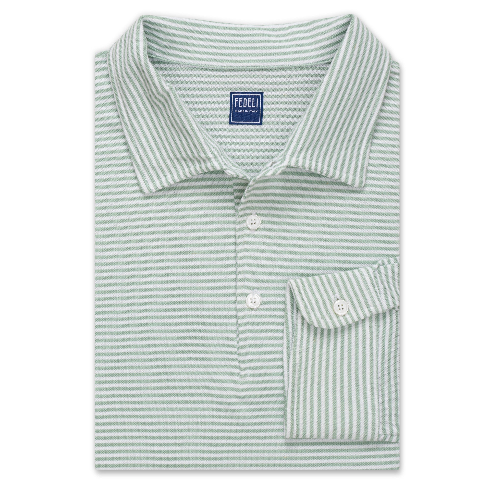 FEDELI Green Striped Cotton Light Pique Long Sleeve Polo Shirt EU 58 NEW US 3XL FEDELI