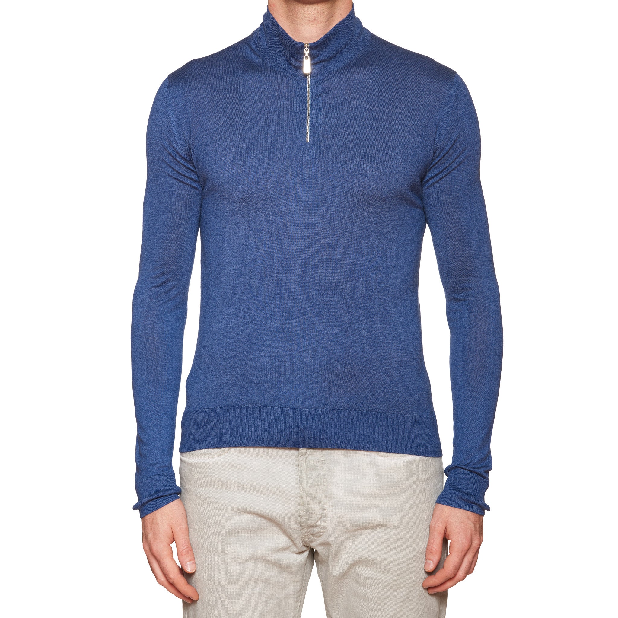 FEDELI "Millionaire" Blue 14 Micron Super Cashmere Zip Neck Sweater 46 NEW XS FEDELI