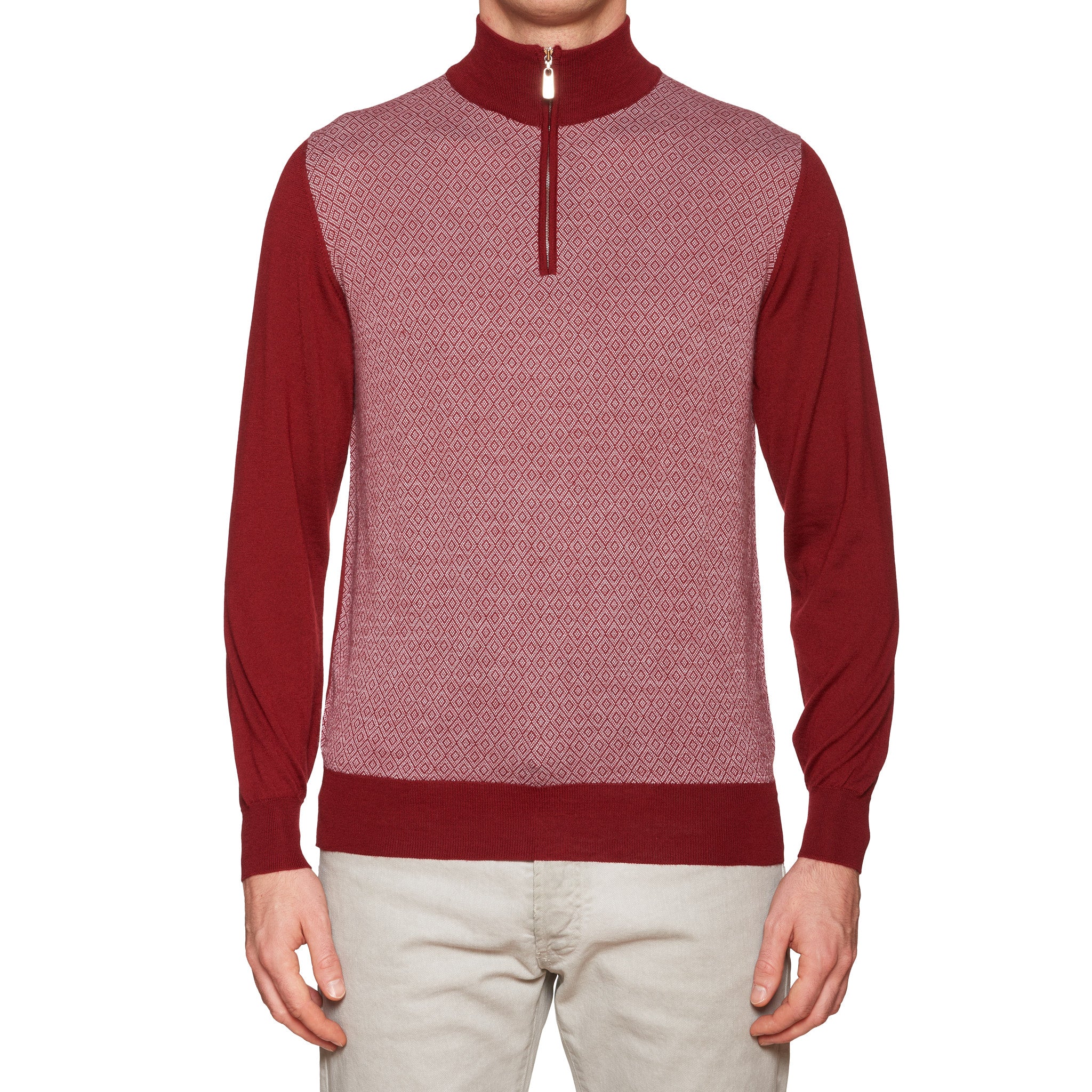 FEDELI Red Rhombus Patterned Cashmere-Silk High Zip Neck Sweater 50 NEW M FEDELI