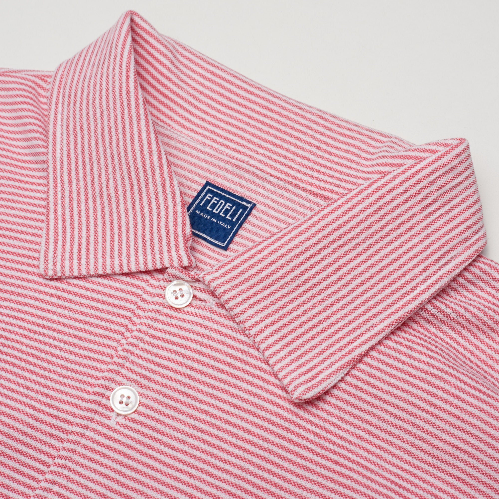 FEDELI Red Striped Cotton Light Pique Long Sleeve Polo Shirt NEW FEDELI